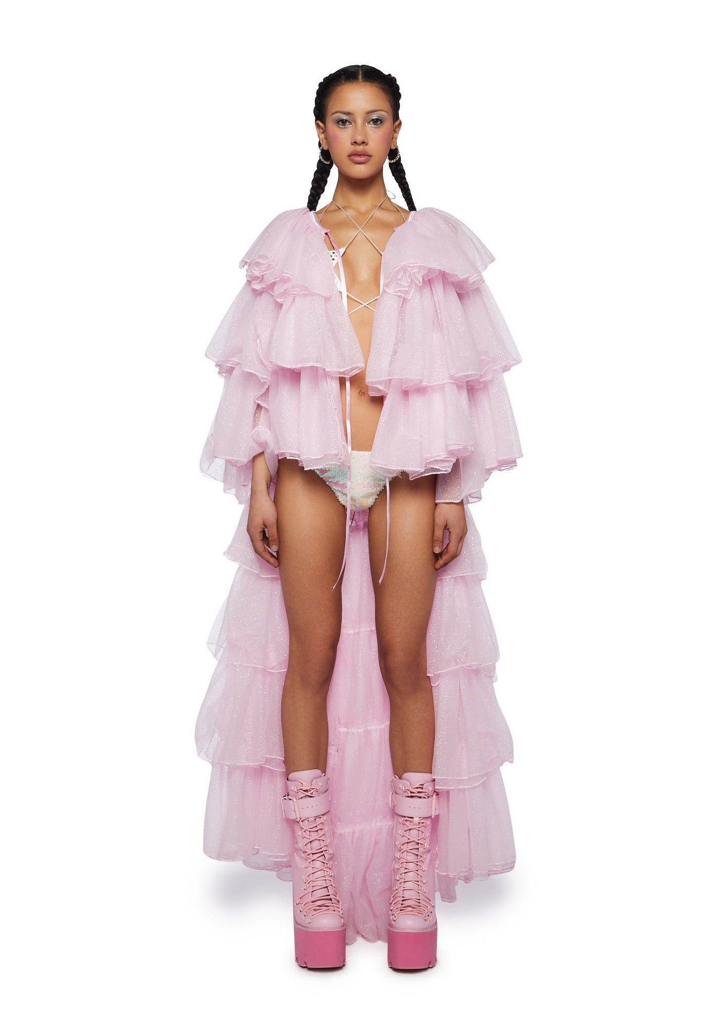 Club Exx Glitter Tulle Tiered Duster Jacket Pink Dolls Kill