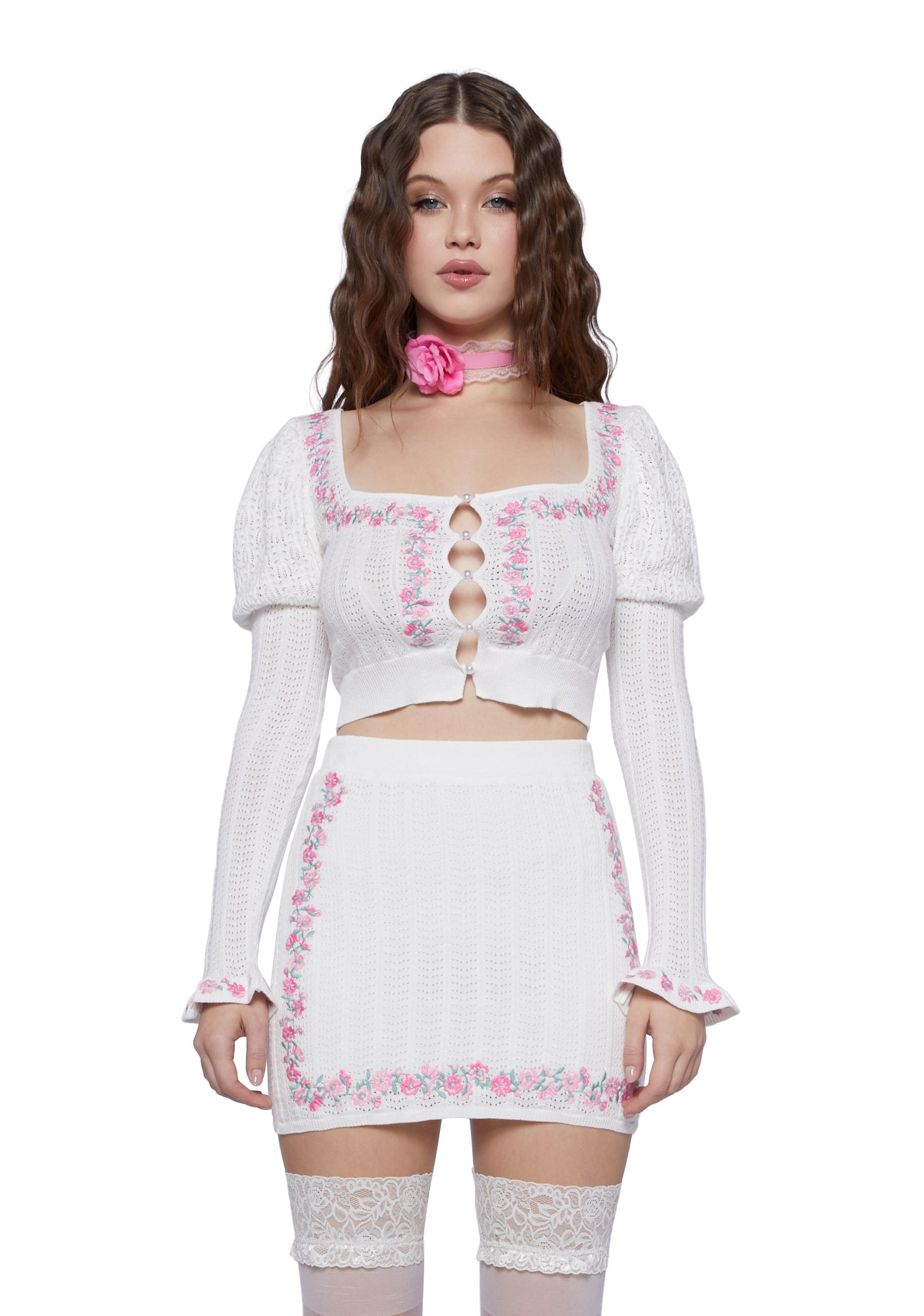 Sugar Thrillz Floral Embroidery Knit Top - White