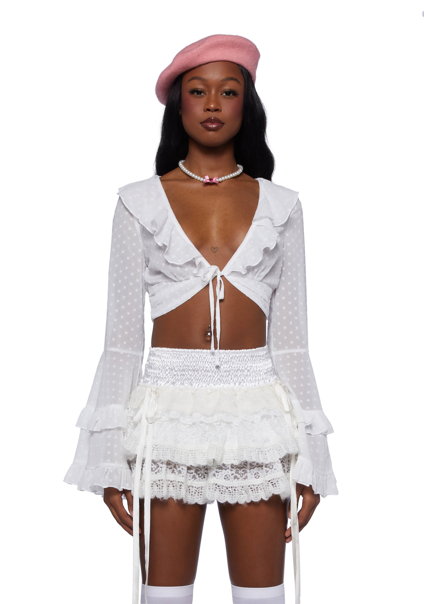 Sugar Thrillz Heart Print Mesh Crop Top With Tie Closures White