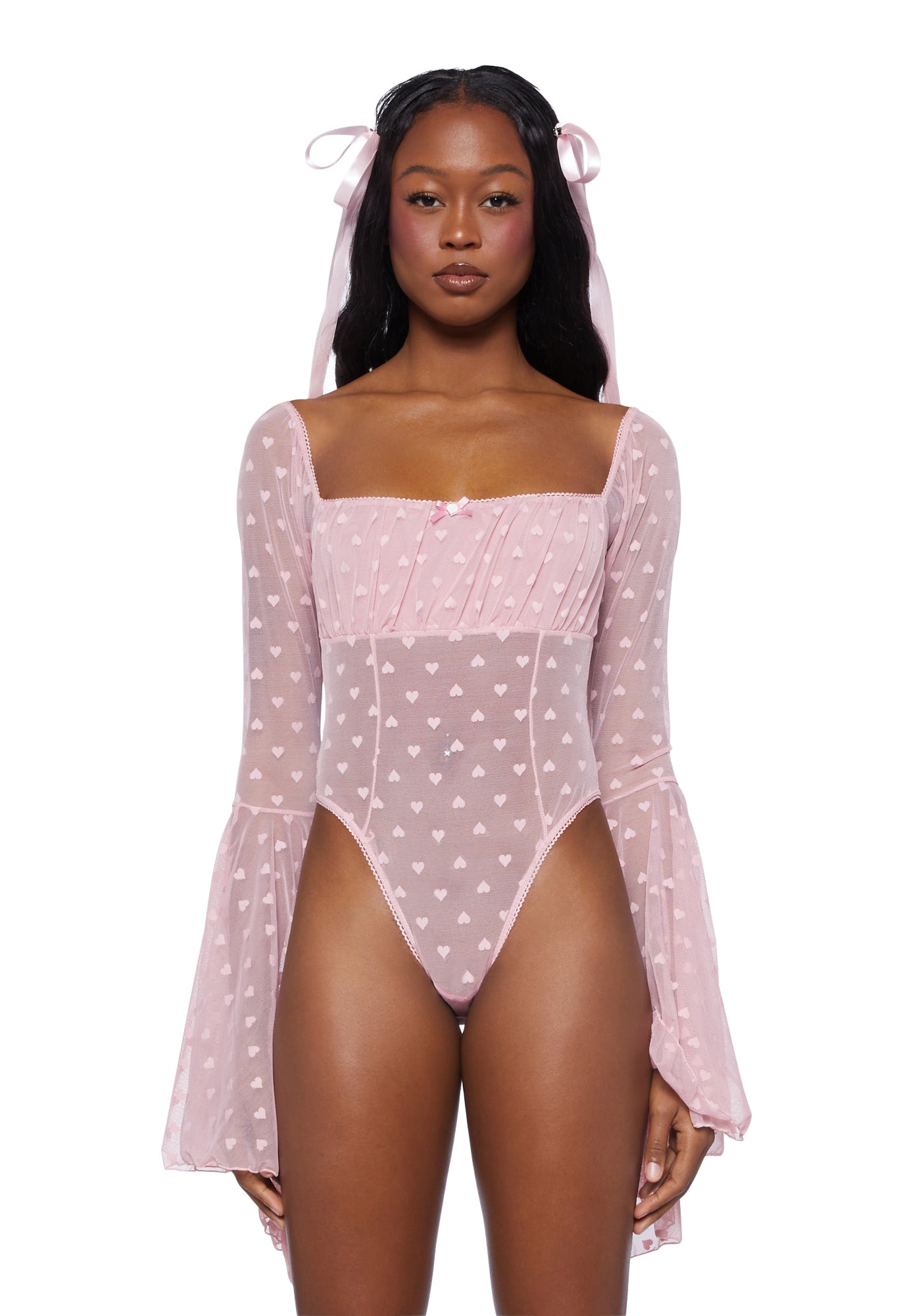 Sugar Thrillz Sheer Mesh Heart Print Bodysuit - Pink