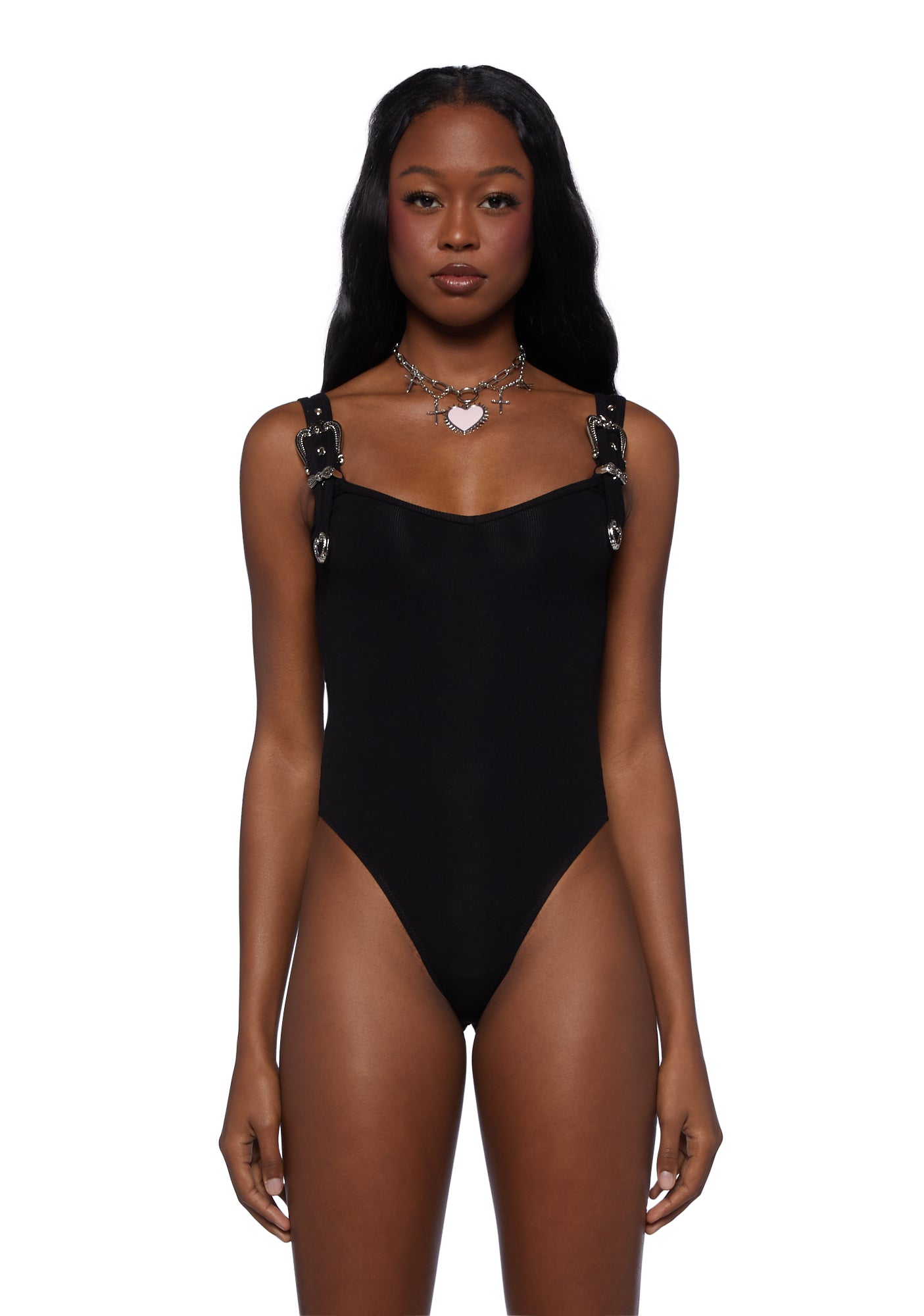 Sugar Thrillz Ribbed Bodysuit With Heart Buckles - Black