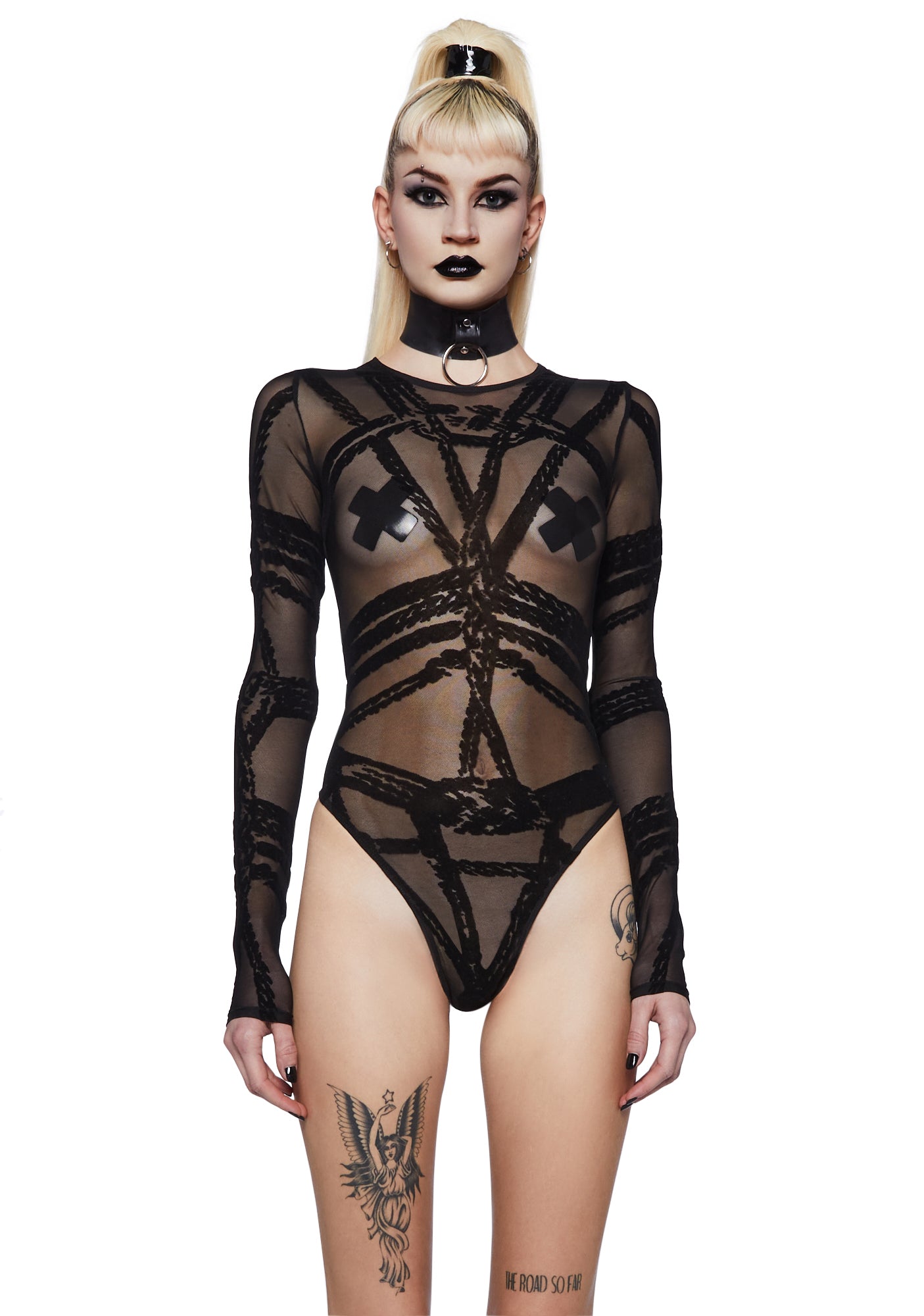 Widow Sheer Mesh Flocked Shibari Bondage Bodysuit - Black