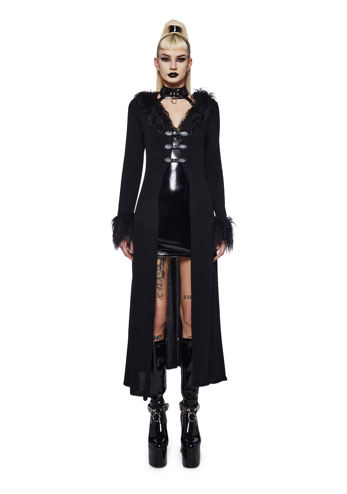 Widow Waffle Knit Long Cardigan With Faux Fur Trim And Buckles Black Dolls Kill