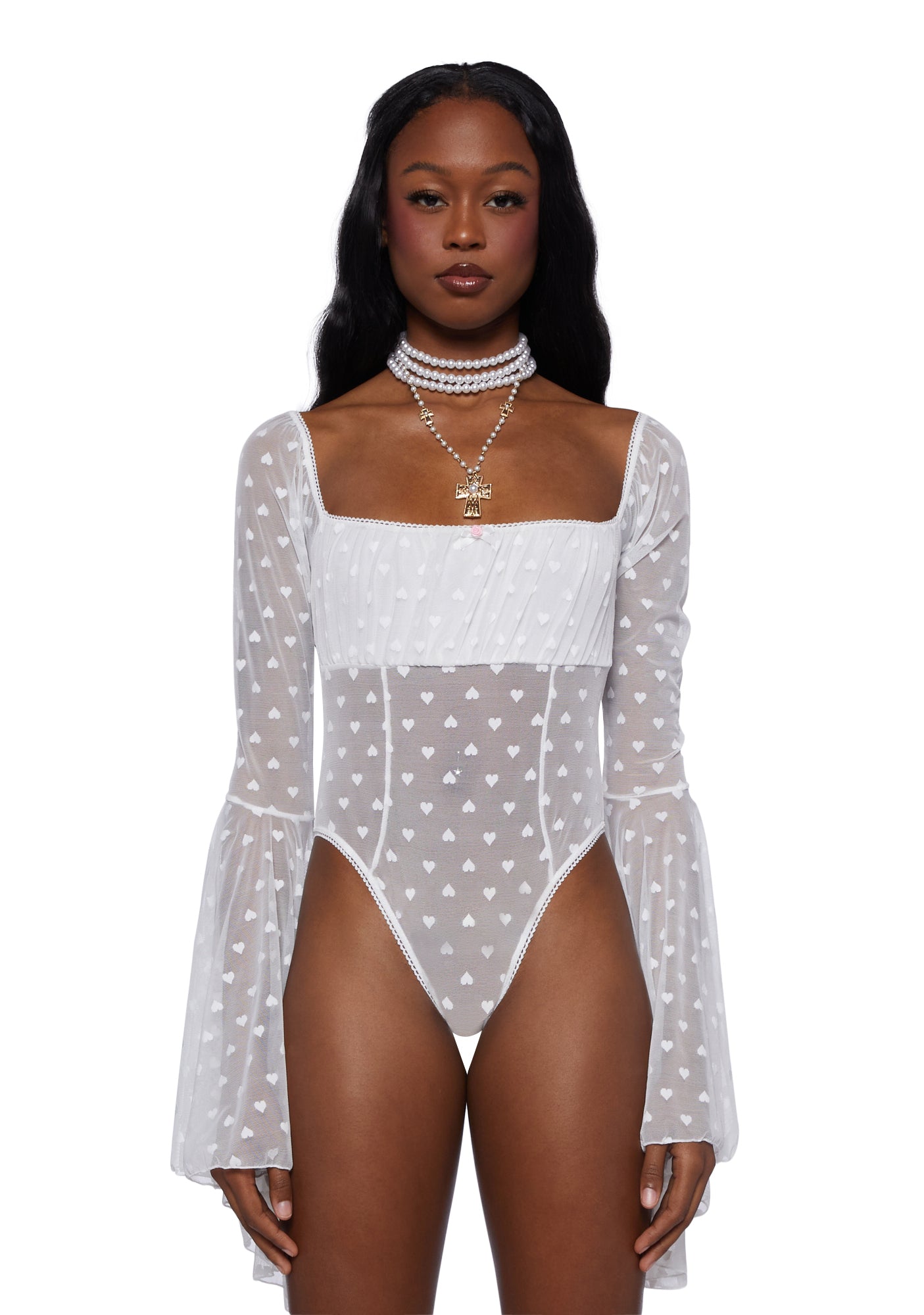 Sugar Thrillz Sheer Mesh Heart Print Bodysuit - White – Dolls Kill