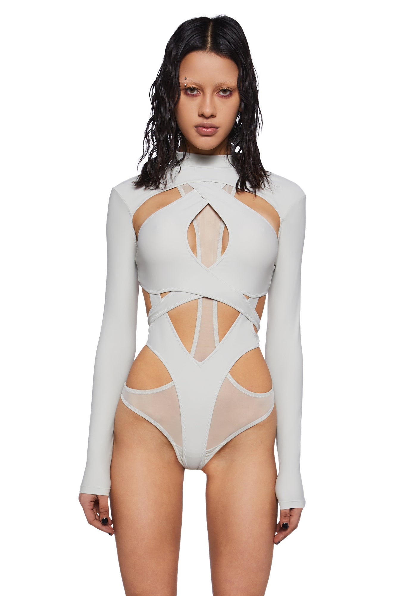 Must Be True White Long Sleeve Ruched Cut Out Mesh Bodysuit – Club