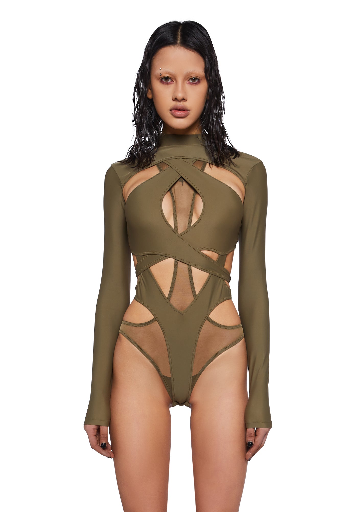 Darker Wavs Strappy Cut Out Spandex Mesh Bodysuit - Green – Dolls Kill