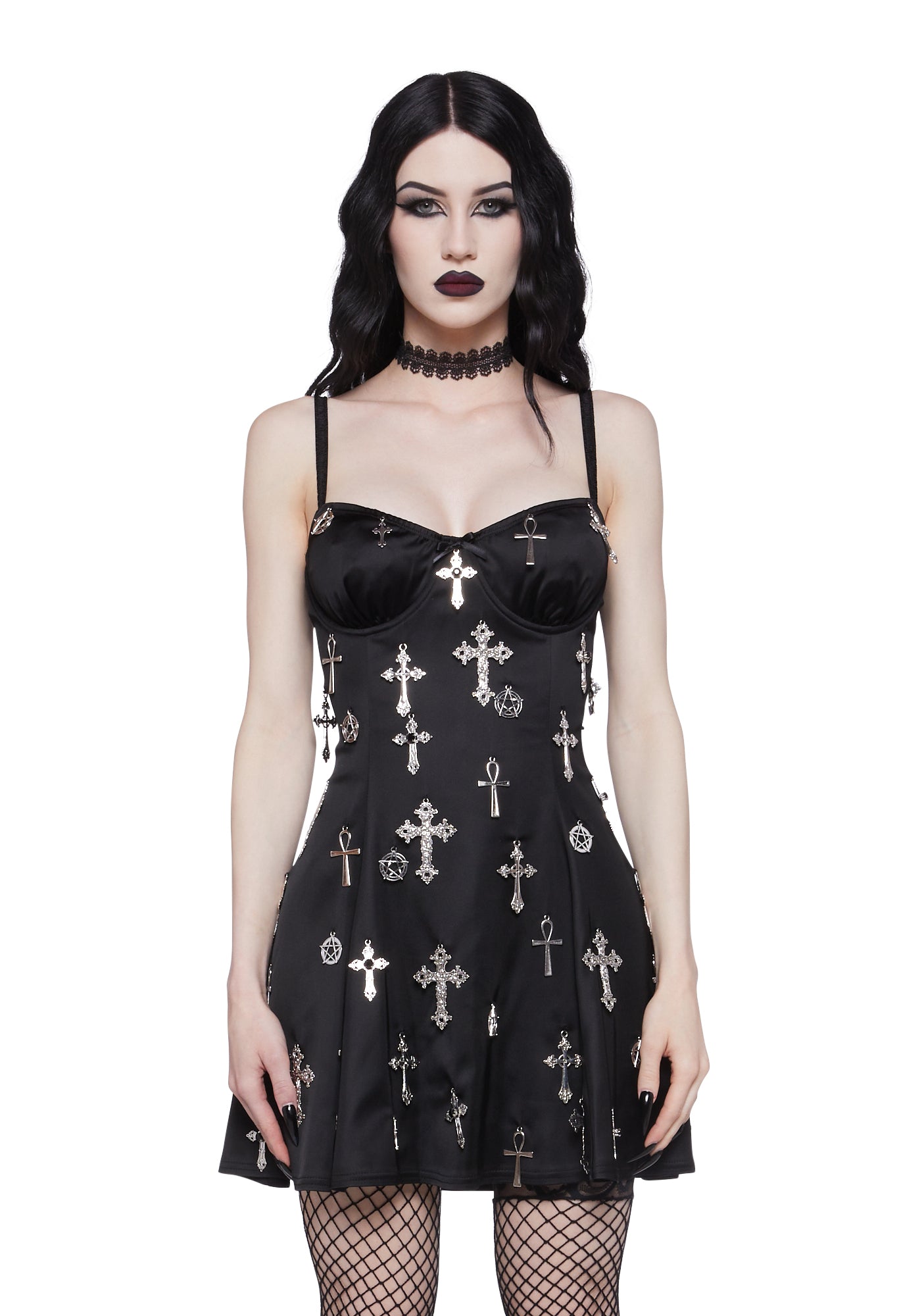 Widow Dangling Cross Charms Mini Dress - Black