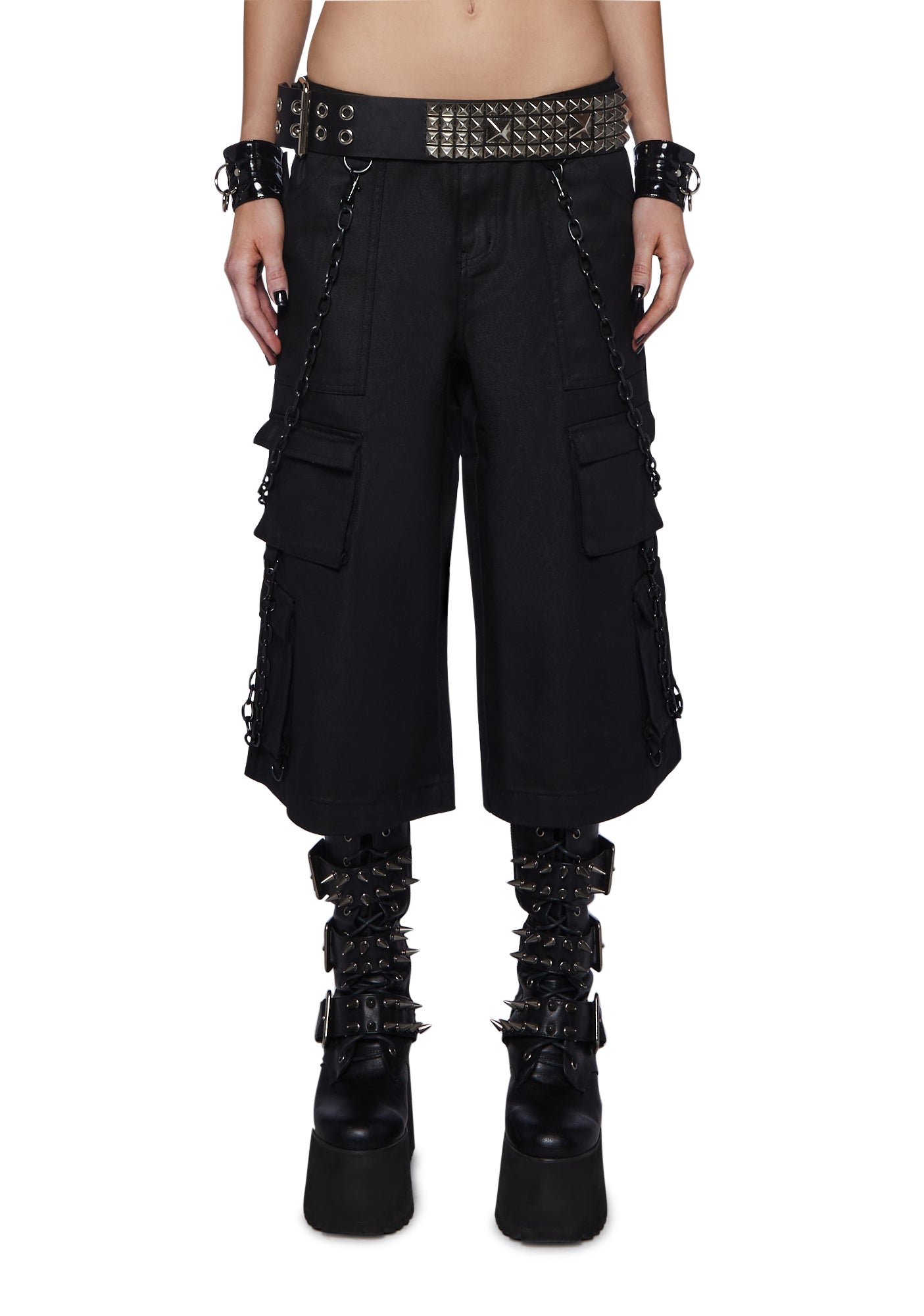 Widow Waxed Denim Cargo Pants With Bondage Chains Black