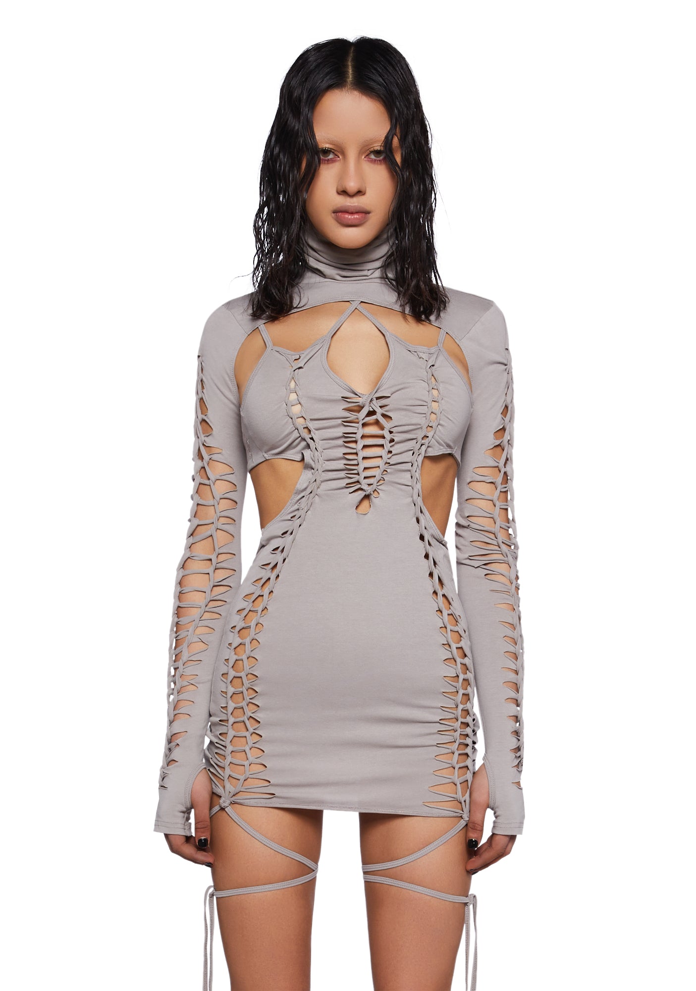 Darker Wavs Shredded Mini Dress With Shrug - Off White