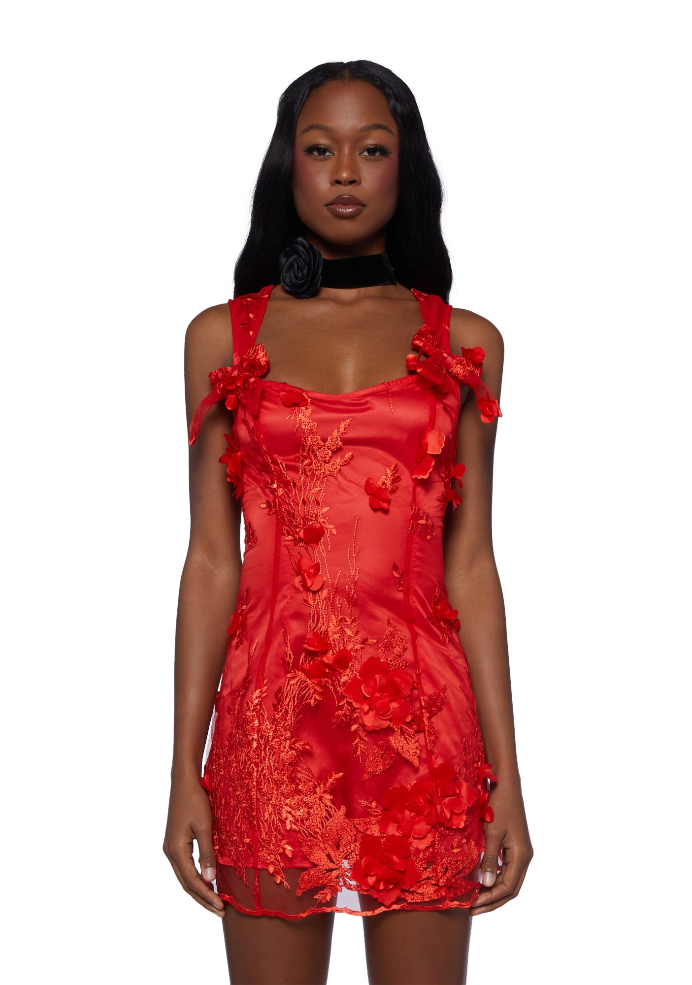 Sugar Thrillz 3D Flower Shimmer Mini Dress - Red