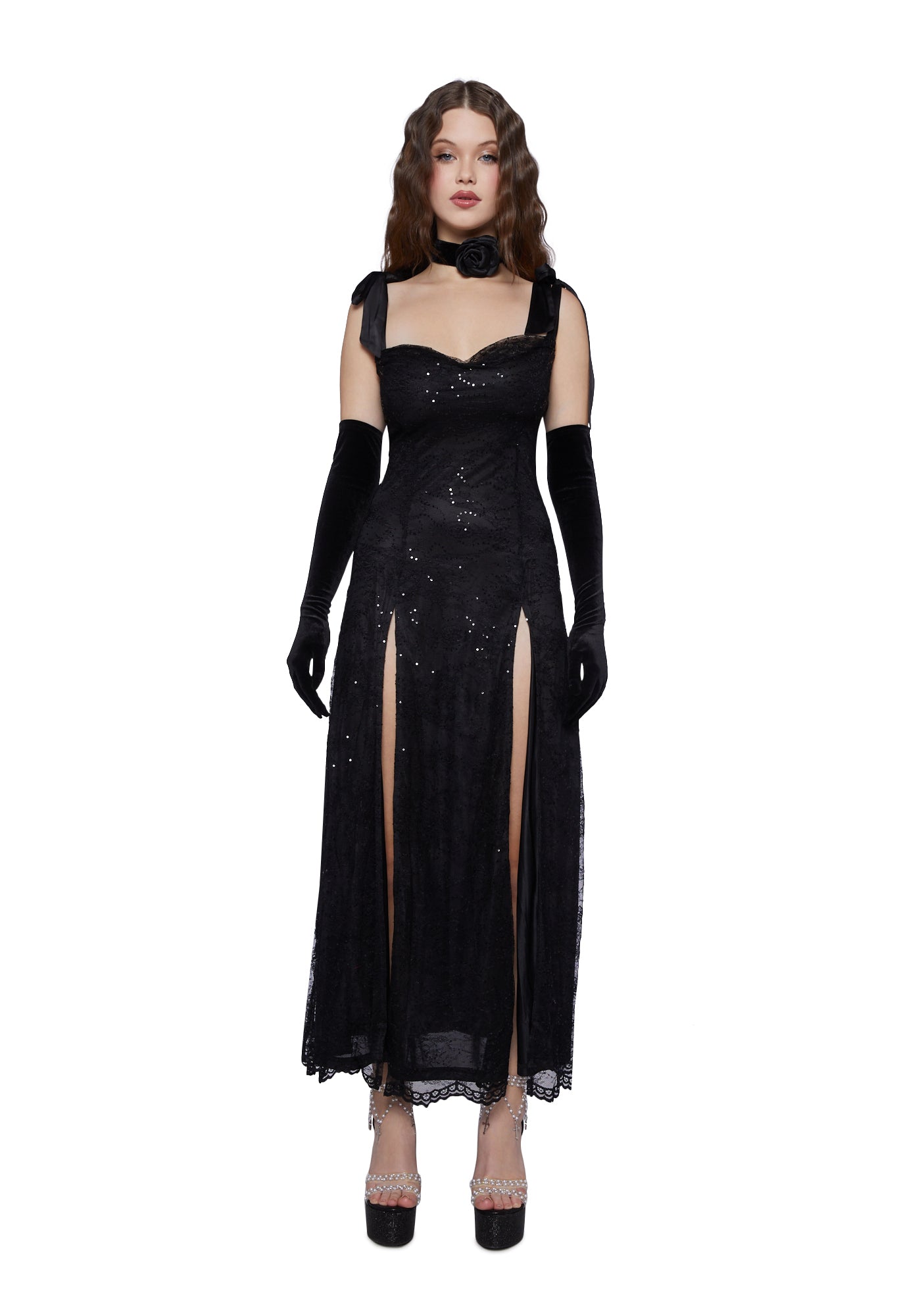 Sugar Thrillz Maxi Dress With Glitter Lace Overlay - Black