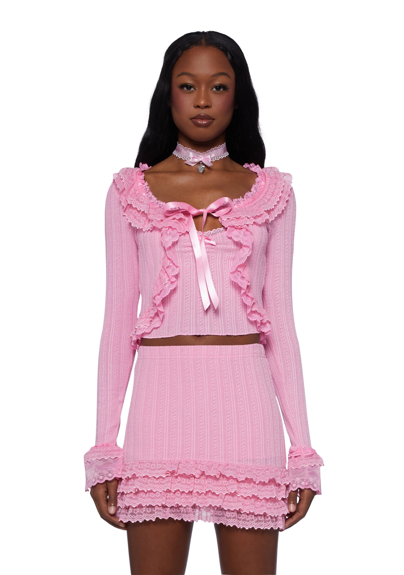 Sugar Thrillz Pointelle Lace Ruffled Cardigan And Tank Top Set - Pink