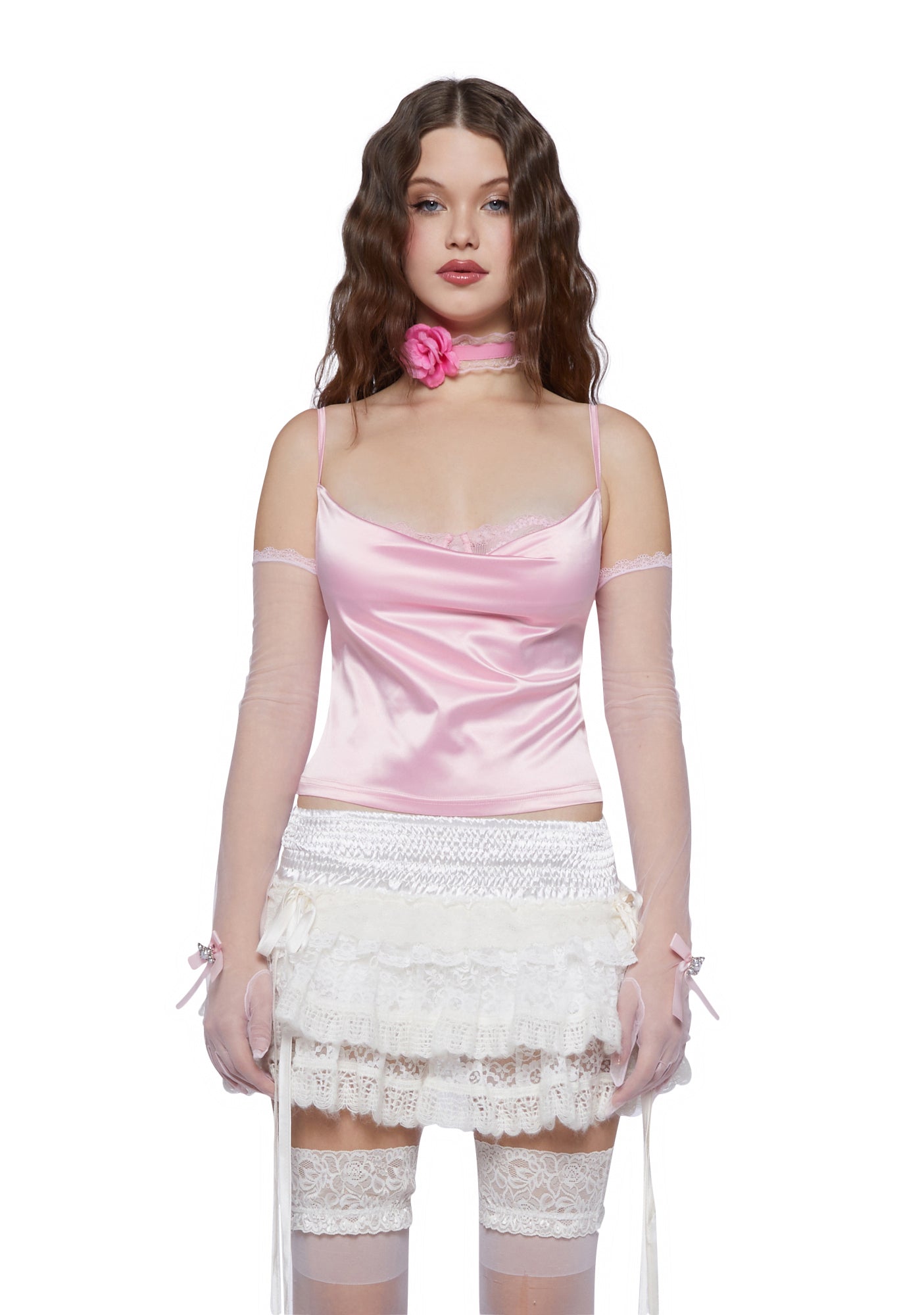 Sugar Thrillz Satin Top With Cowl Neckline And Lace Bra - Pink