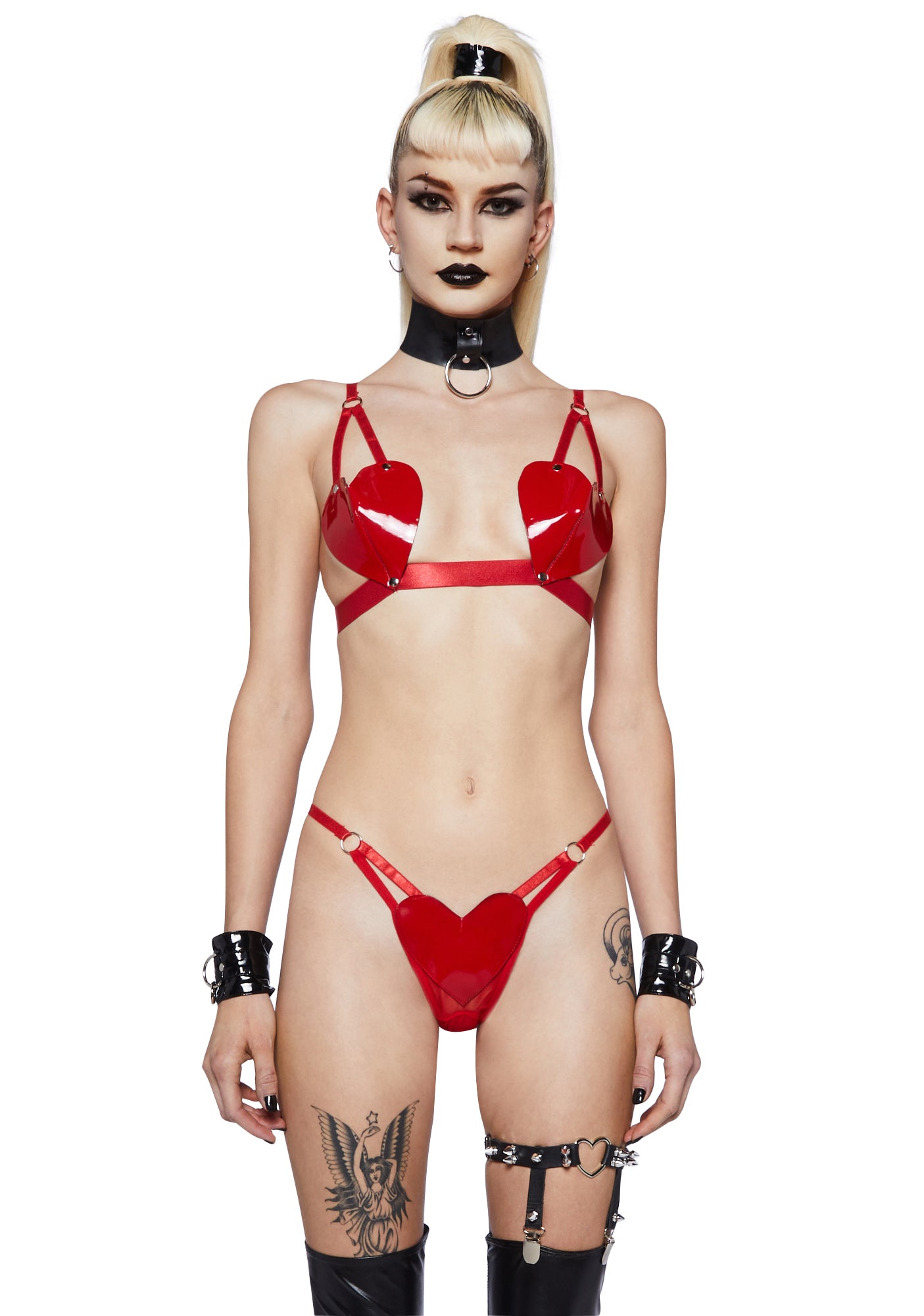 Widow PVC Heart Bra And Panties Set - Red – Dolls Kill