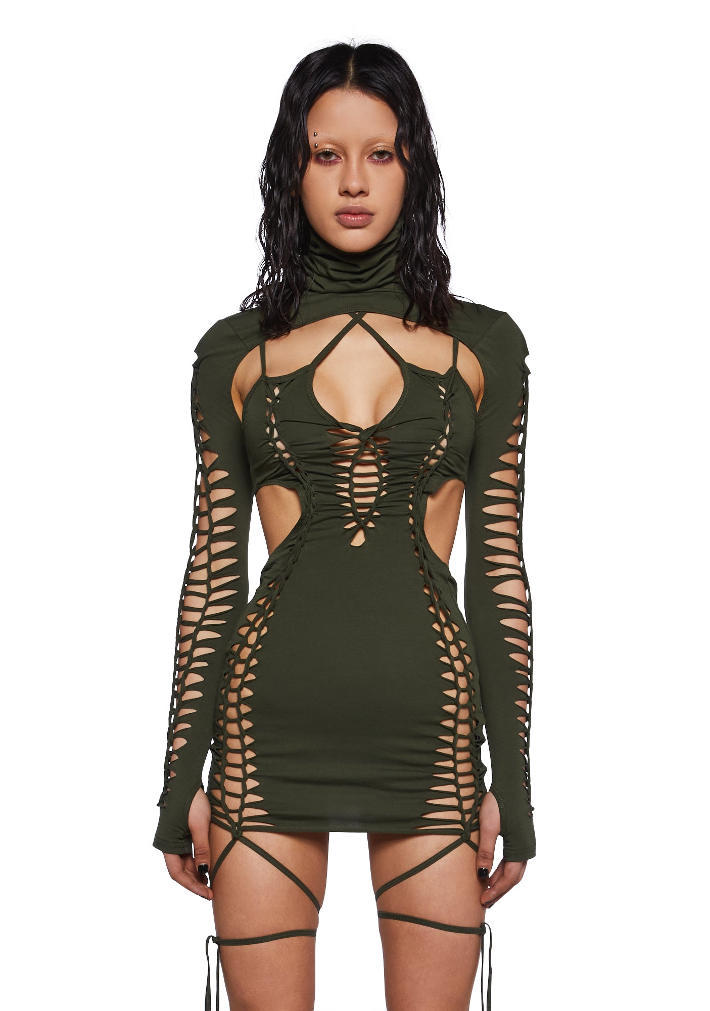 Darker Wavs Shredded Mini Dress With Shrug - Green Darker Wavs Shredded Mini Dress With Shrug - Green