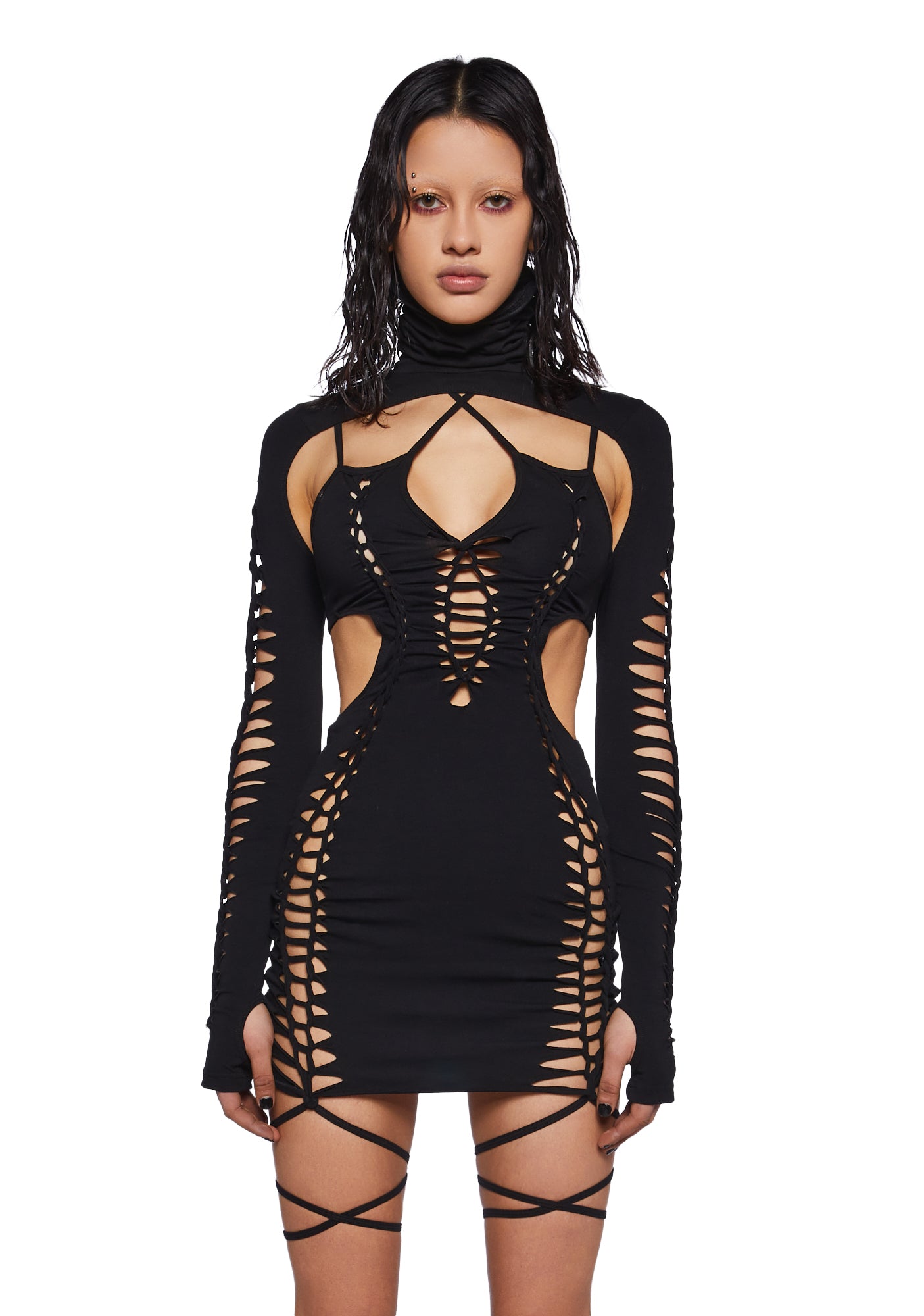 Darker Wavs Shredded Mini Dress With Shrug - Black Dolls Kill Darker Wavs Shredded Mini Dress With Shrug - Black Dolls Kill