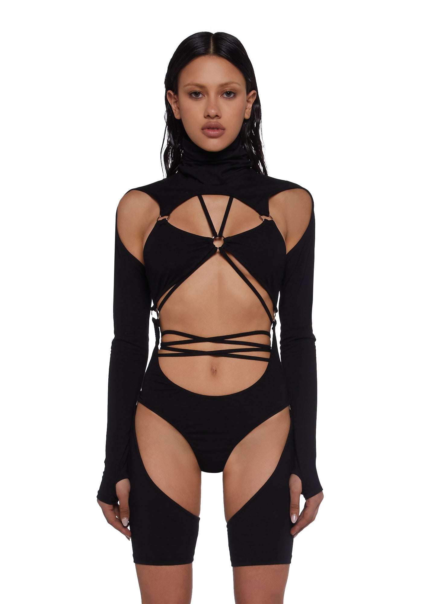 Club Exx Cut Out Cowl Mask Bodysuit Romper - Black Club Exx Cut Out Cowl Mask Bodysuit Romper - Black