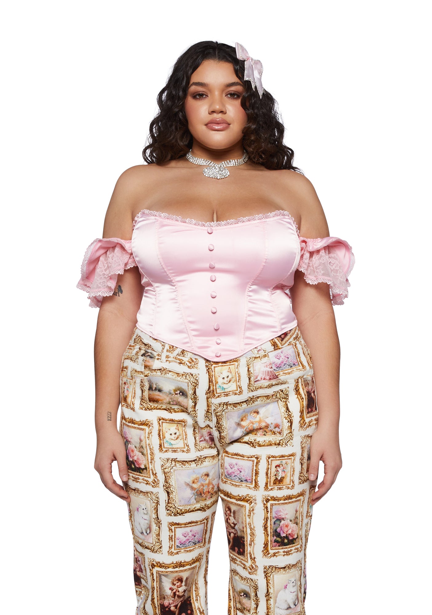 Plus Size Sugar Thrillz Satin Off The Shoulder Corset Top - Pink