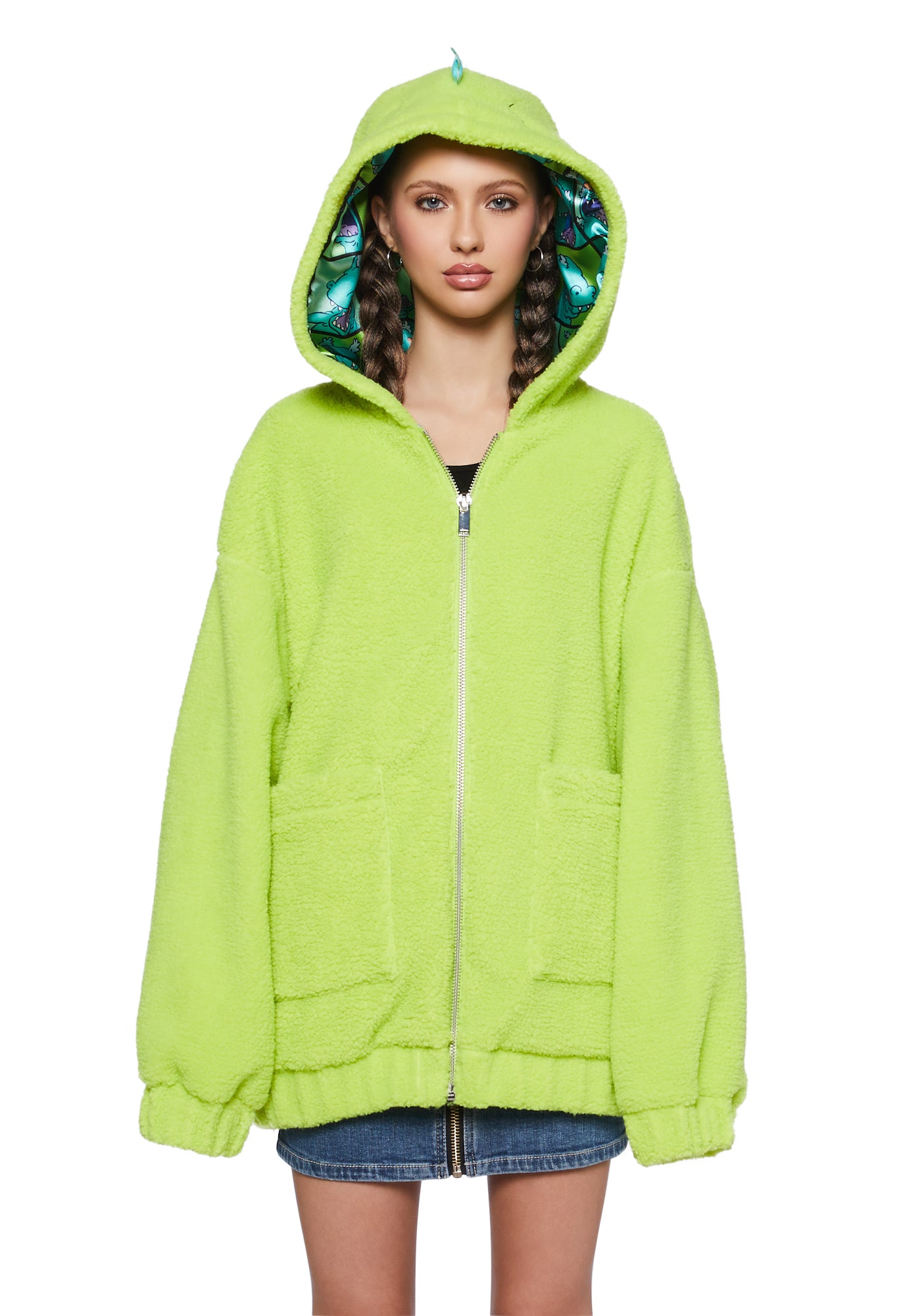 Dolls Kill x Rugrats Reptar Fuzzy Jacket Green
