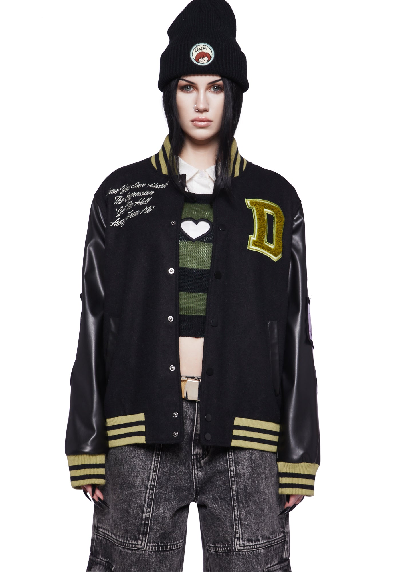 Dolls Kill x Daria Varsity Jacket With Patches Trent Jane 90s MTV Grunge Black