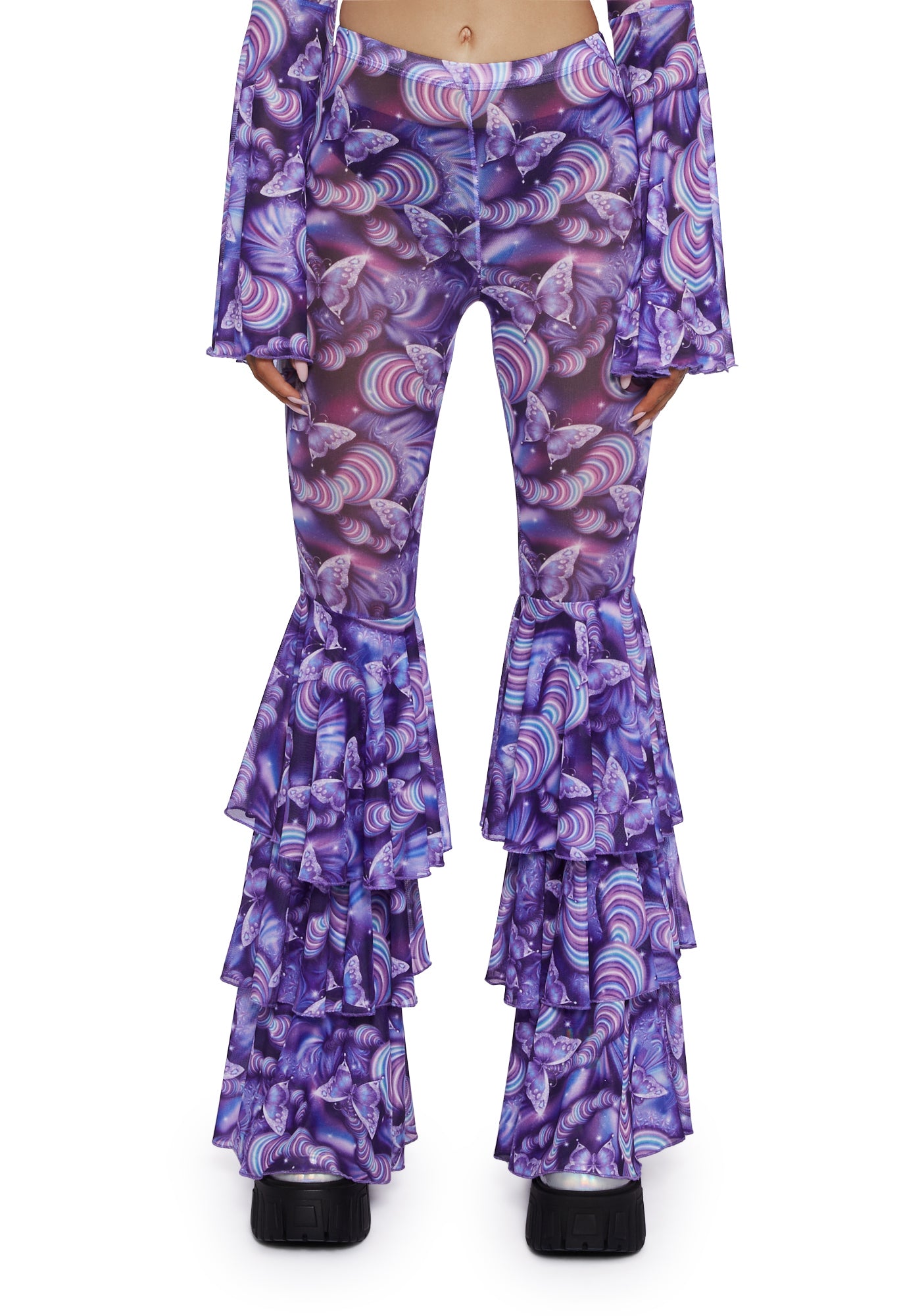 Club Exx Mesh Butterfly Flare Pants- Purple – Dolls Kill