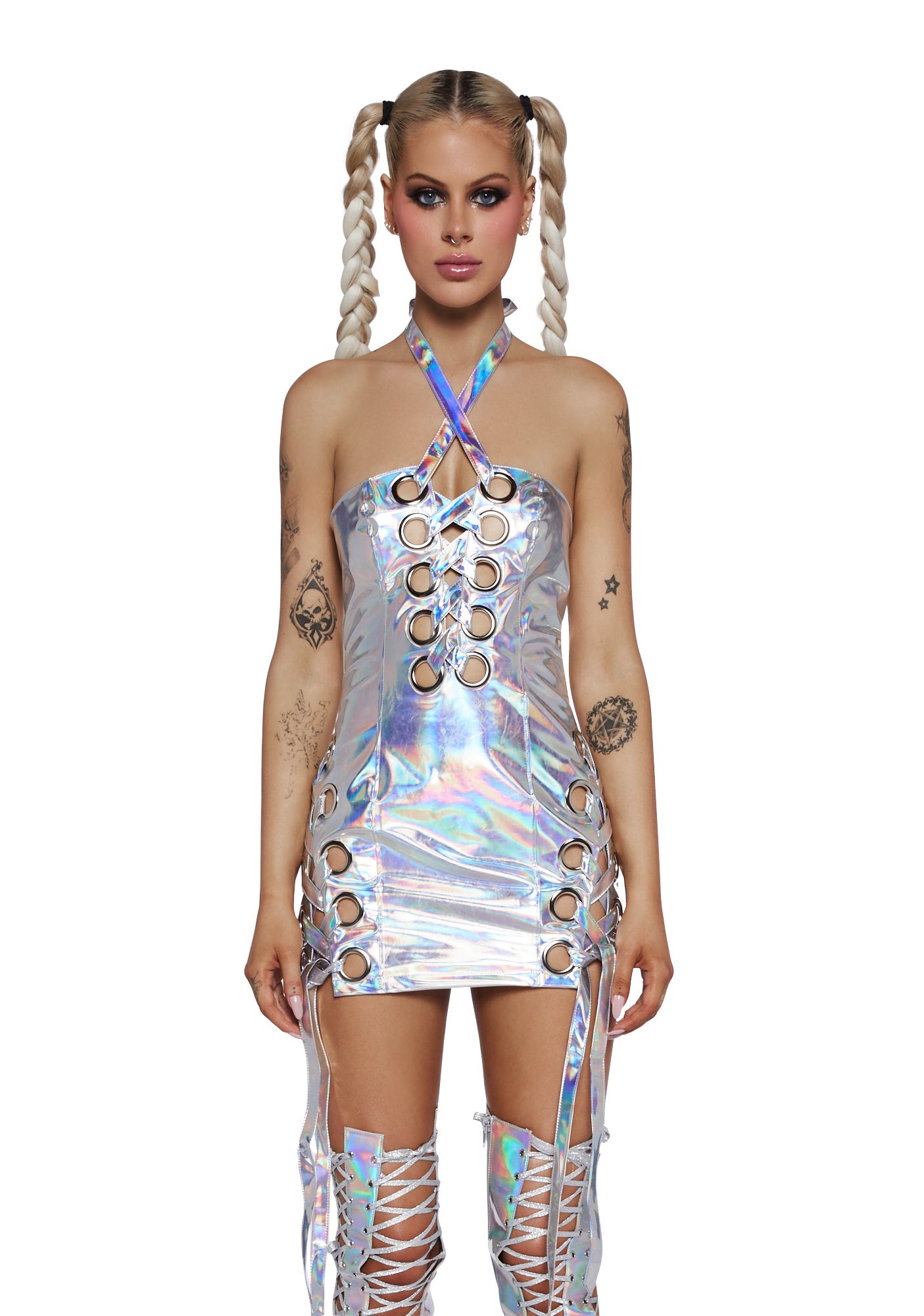 Club Exx Lace Up Bodycon Mini Dress- Metallic Dolls Kill Club Exx Lace Up Bodycon Mini Dress- Metallic Dolls Kill