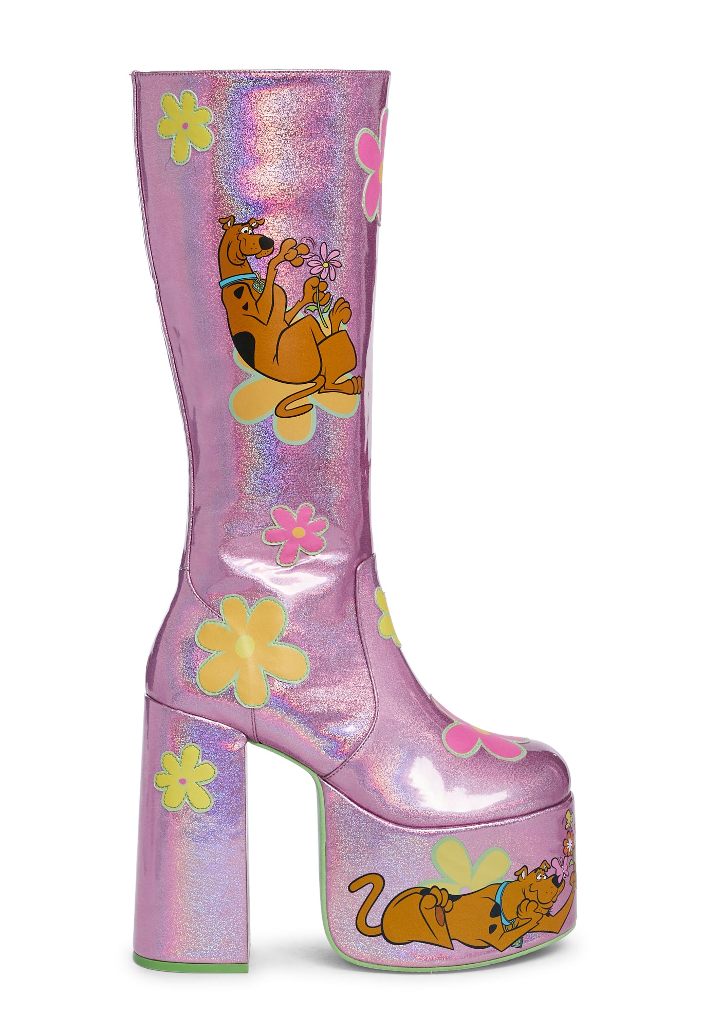 Dolls Kill x Scooby Doo Iridescent Glitter Flower Knee High Boots Purple
