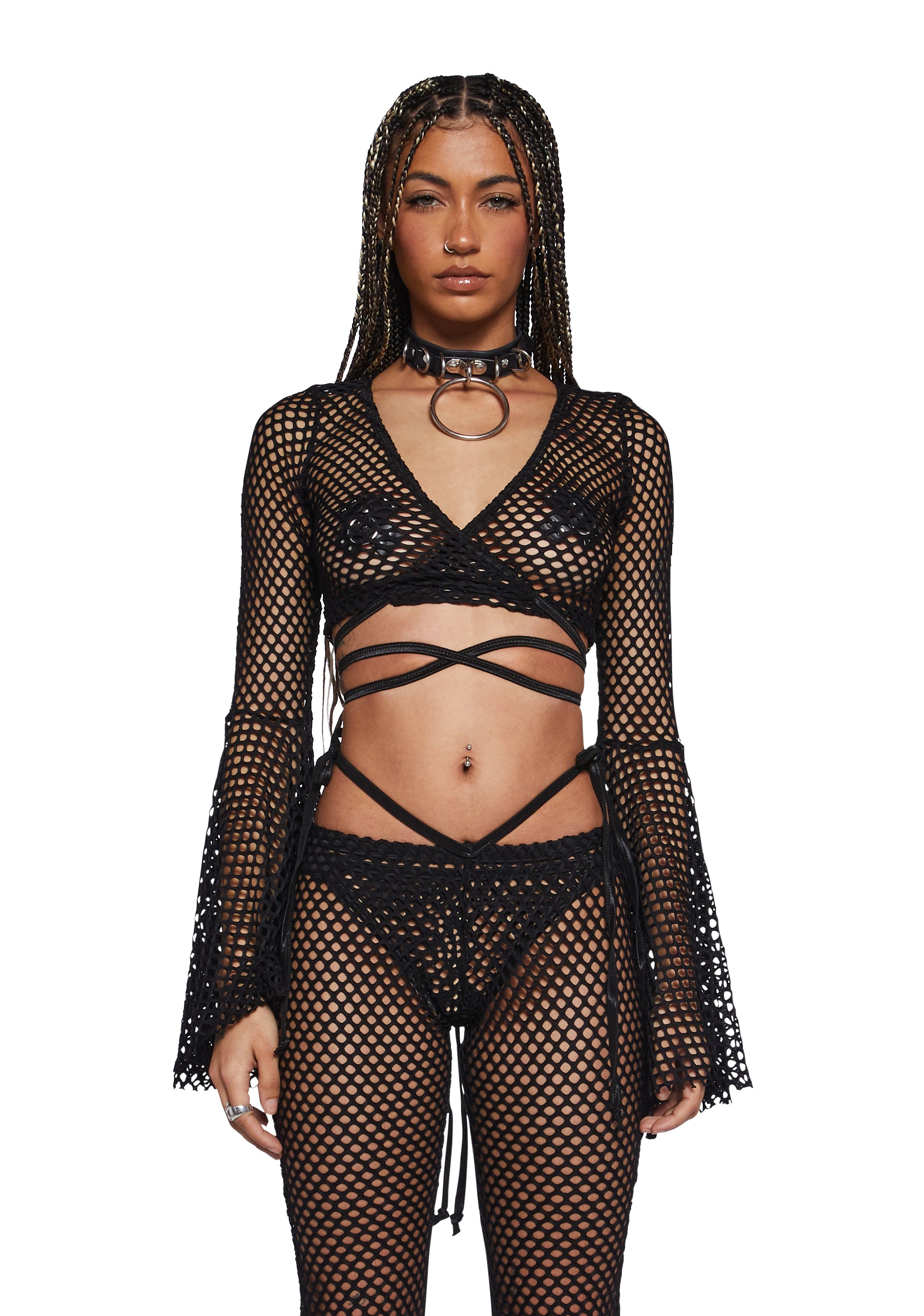Club Exx Rave Club Kid Fishnet Bell Sleeve Top Black Dolls Kill