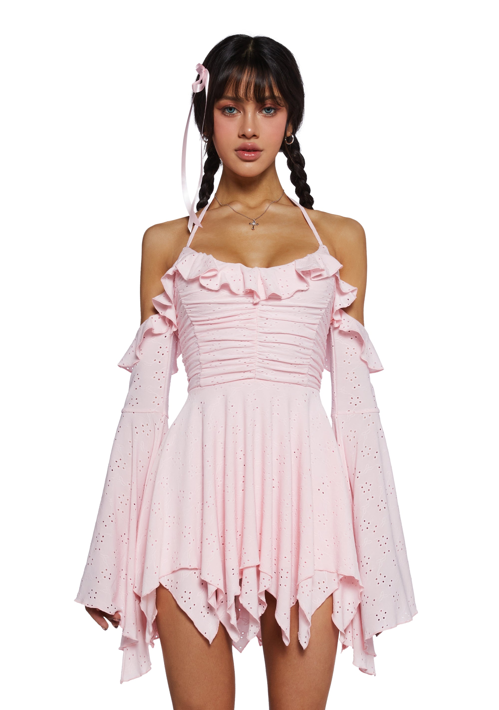 Sugar Thrillz Fairy Core Eyelet Off The Shoulder Handkerchief Mini Dress - Light Pink Dolls Kill Sugar Thrillz Fairy Core Eyelet Off The Shoulder Handkerchief Mini Dress - Light Pink Dolls Kill