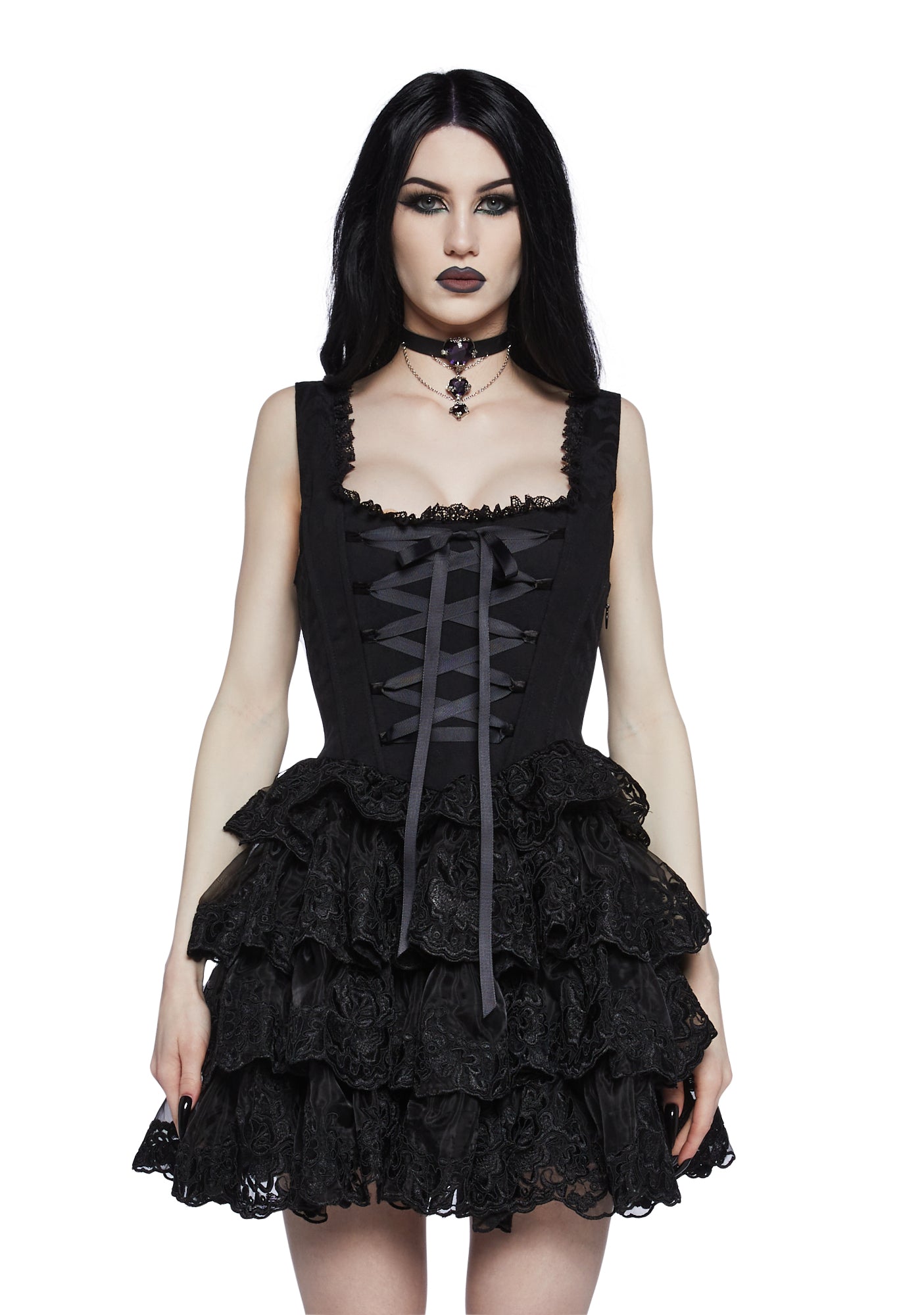 WIdow Vegan Leather Lace Tiered Mini Dress Witch Fairycore - Black