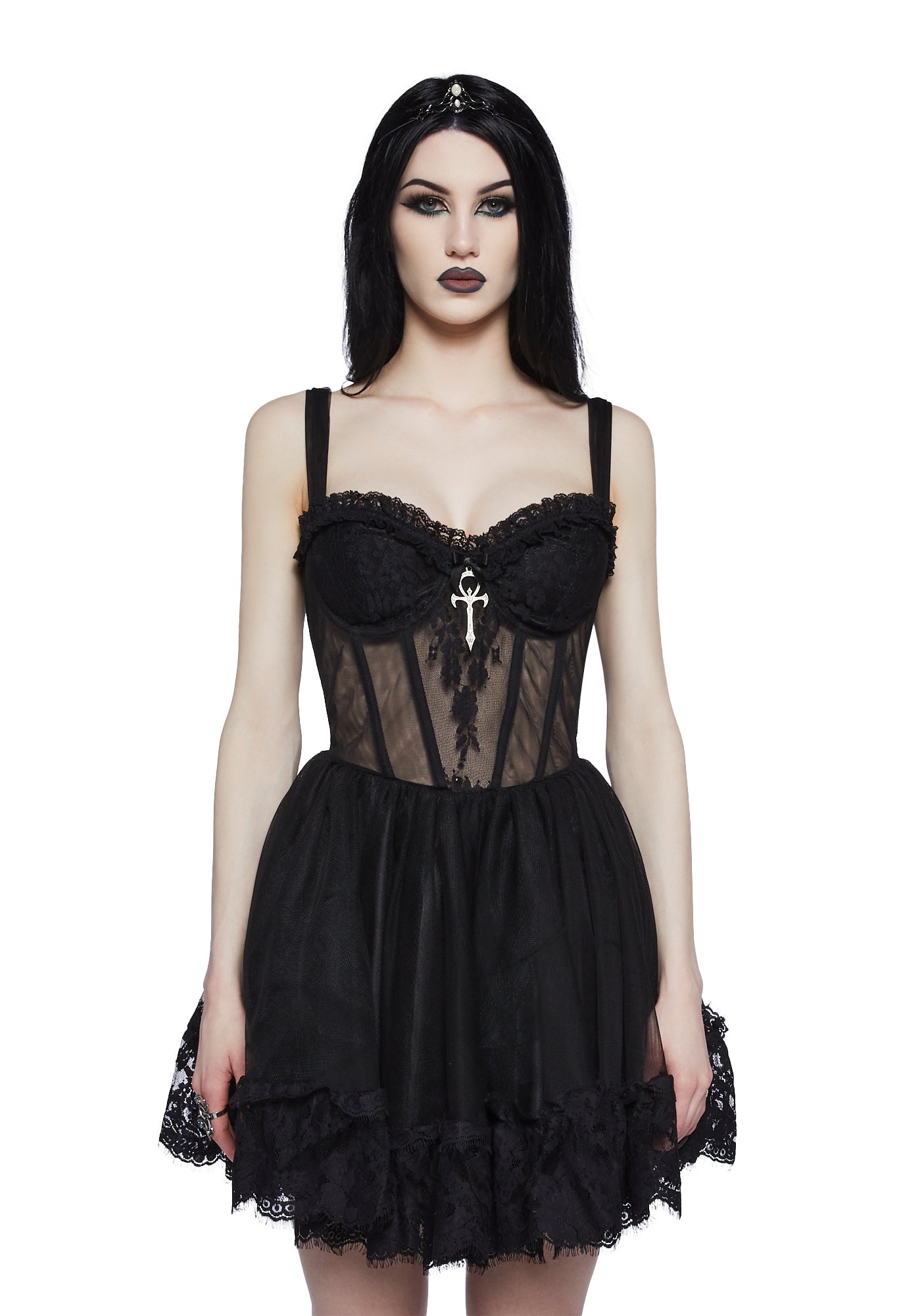Widow Gothic Lace Bustier Mini Dress - Black