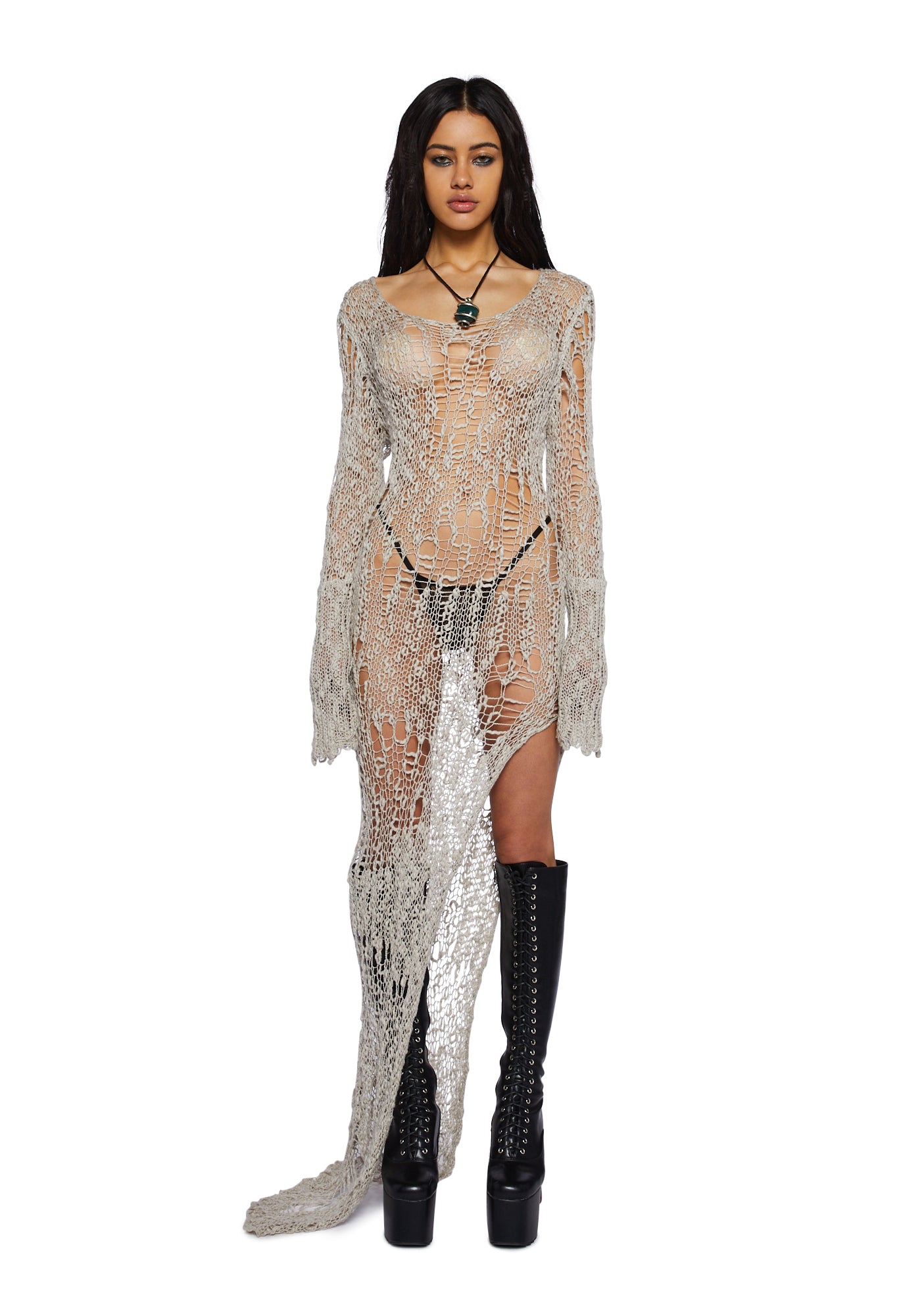Current Mood Open Weave Knit Longline Sweater - Gray – Dolls