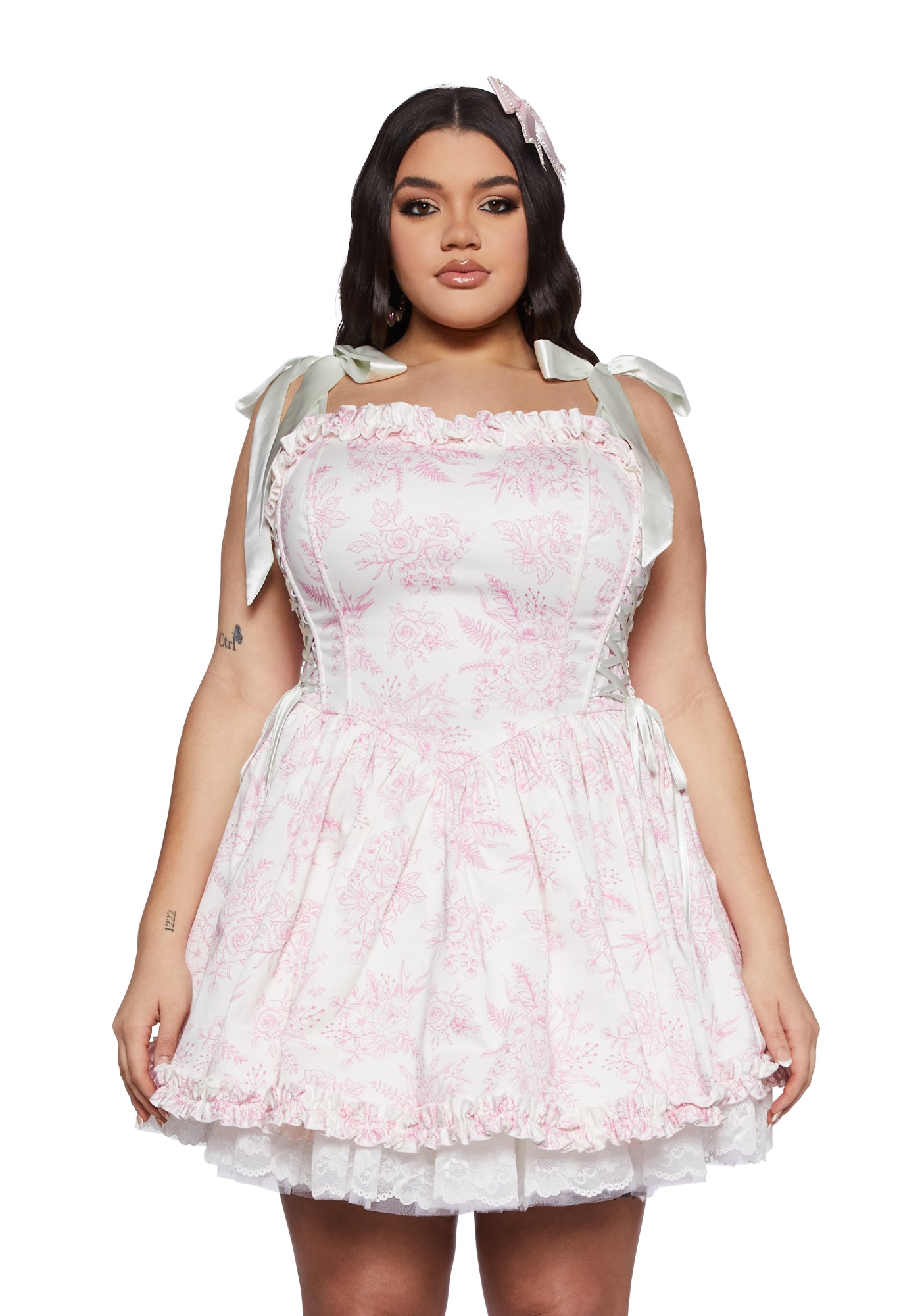 Plus Size Sugar Thrillz Satin Ruffle Floral Print Corset Mini Dress Light Pink Dolls Kill