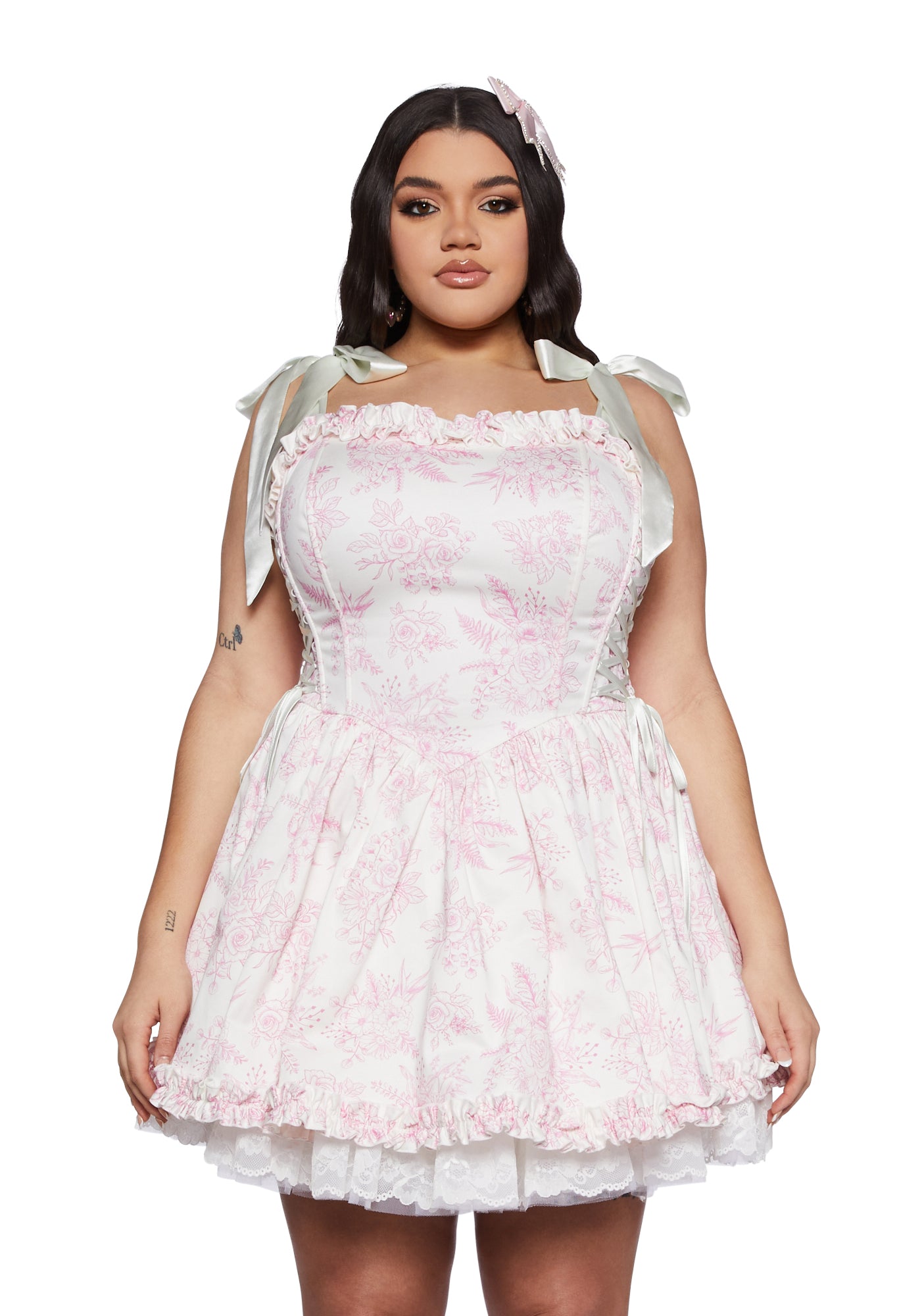 Plus Size Sugar Thrillz Satin Ruffle Floral Print Corset Mini Dress - Light  Pink