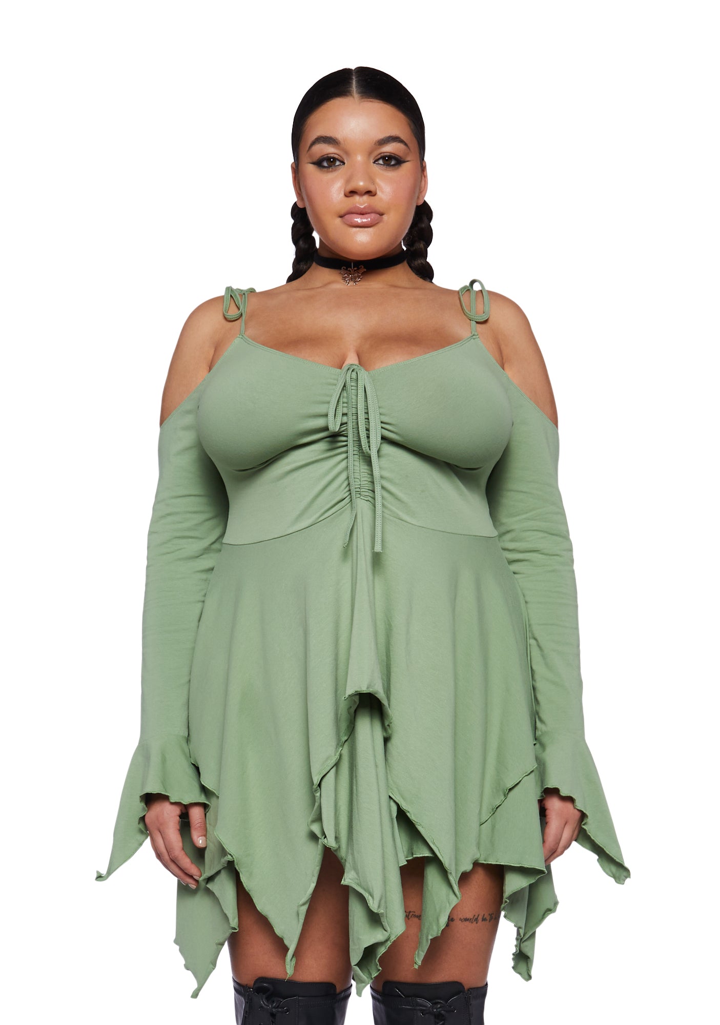 Plus Size Current Mood Off The Shoulder Handkerchief Mini Dress - Green Plus Size Current Mood Off The Shoulder Handkerchief Mini Dress - Green