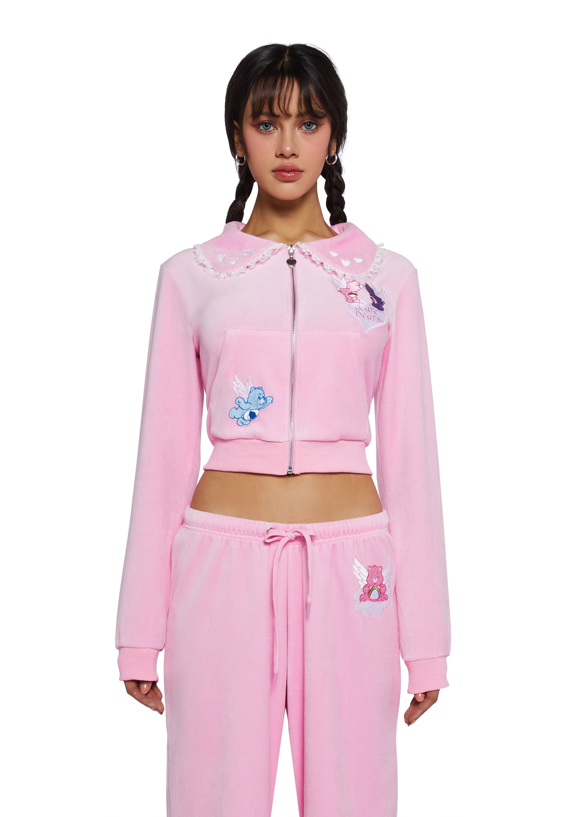 Dolls Kill x Care Bears Lace Collar Velour Hoodie Pink