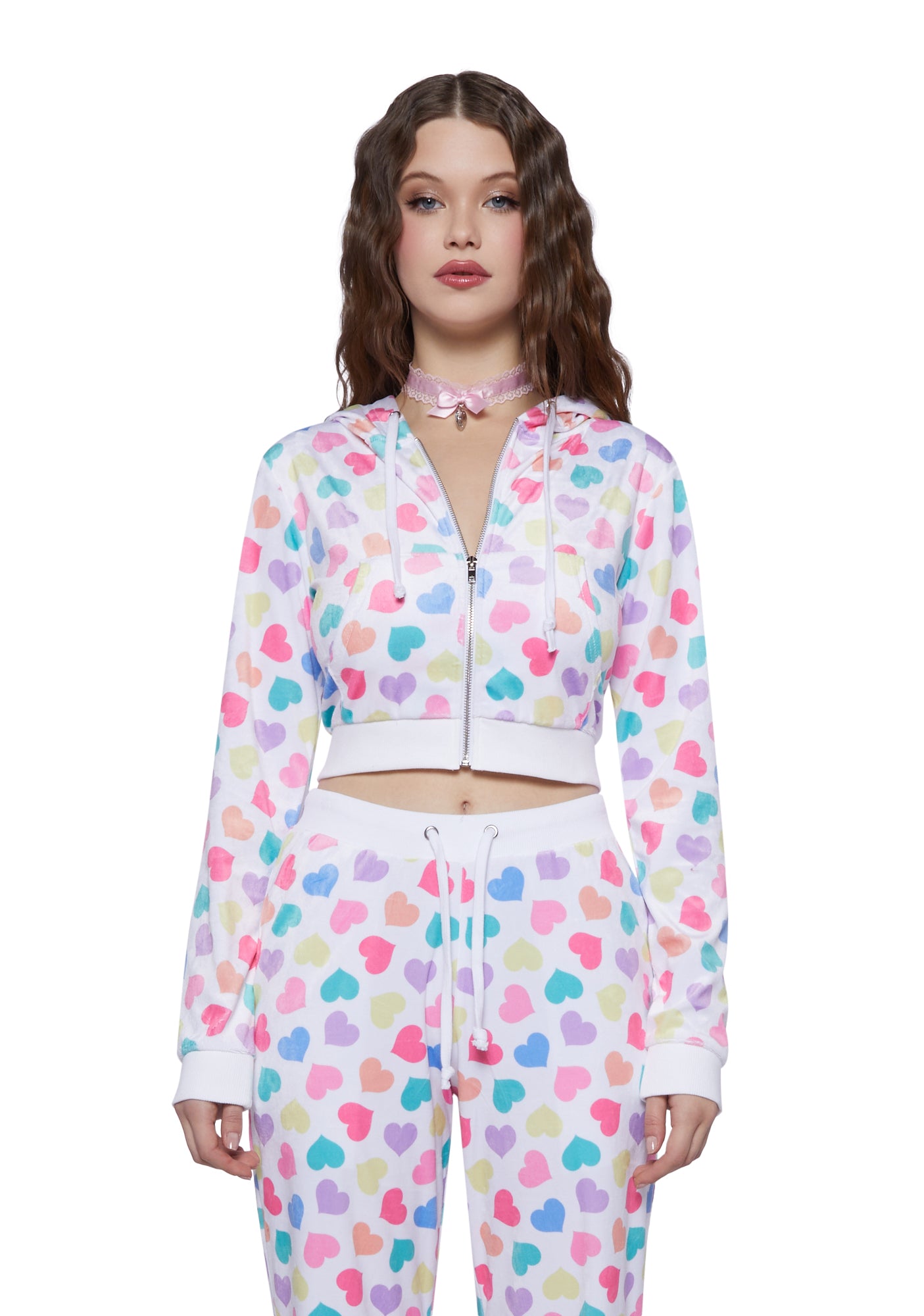 Sugar Thrillz Heart Print Velour Track Jacket White