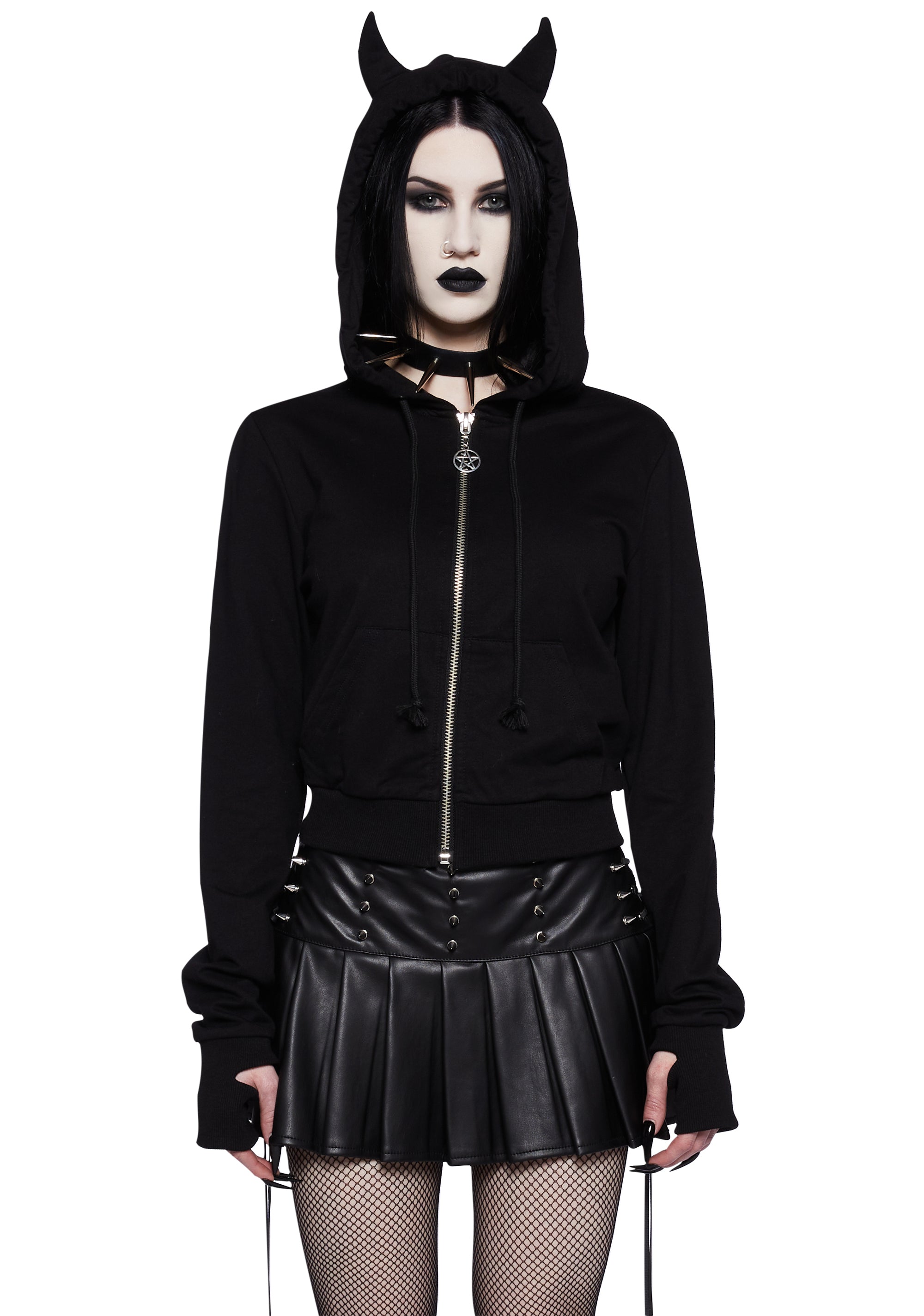 Widow Zip Front Hoodie With Horns - Black – Dolls Kill