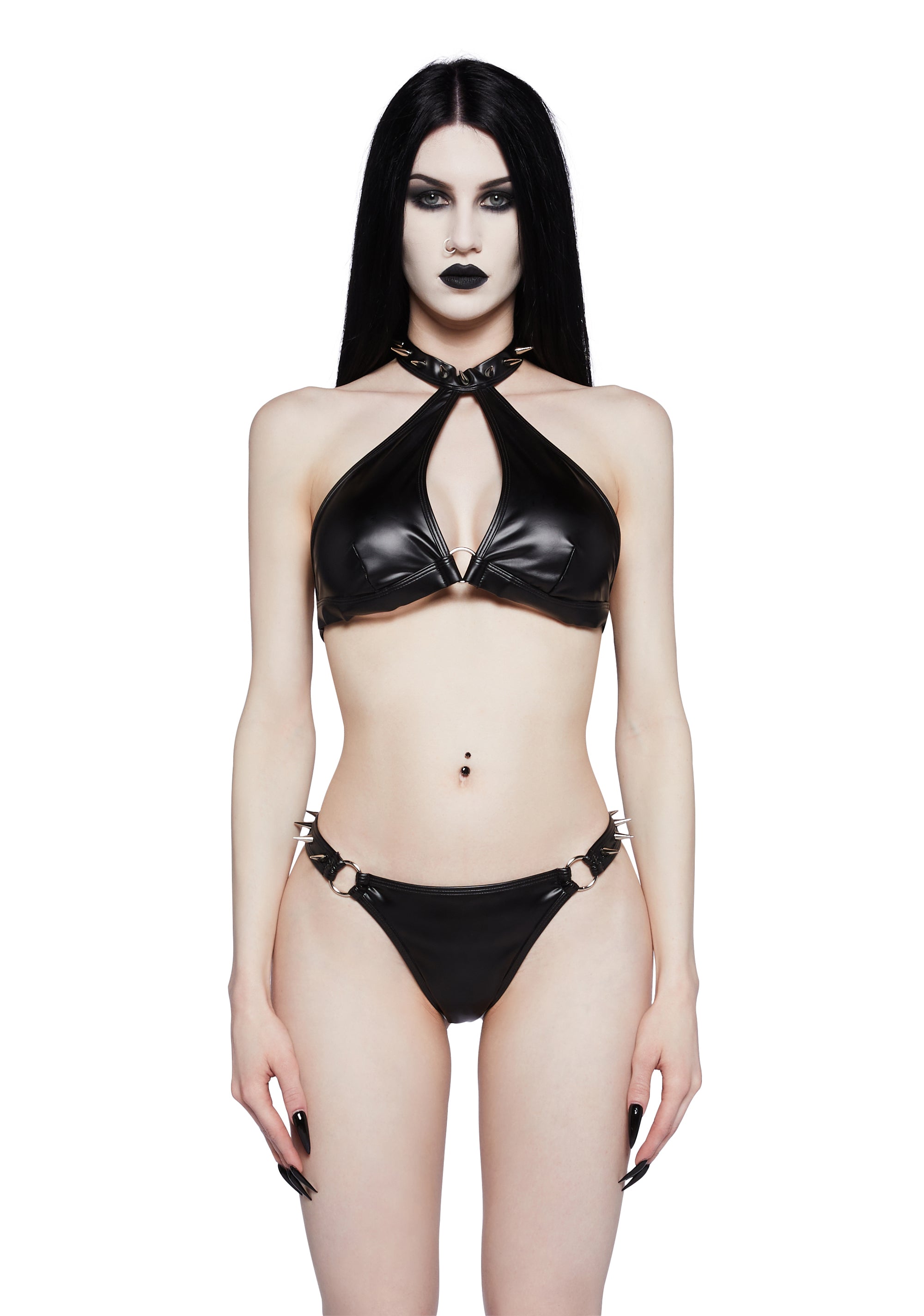 Widow Shiny Matte Vegan Leather Spiked Bra And Panties Metal Goth - Black