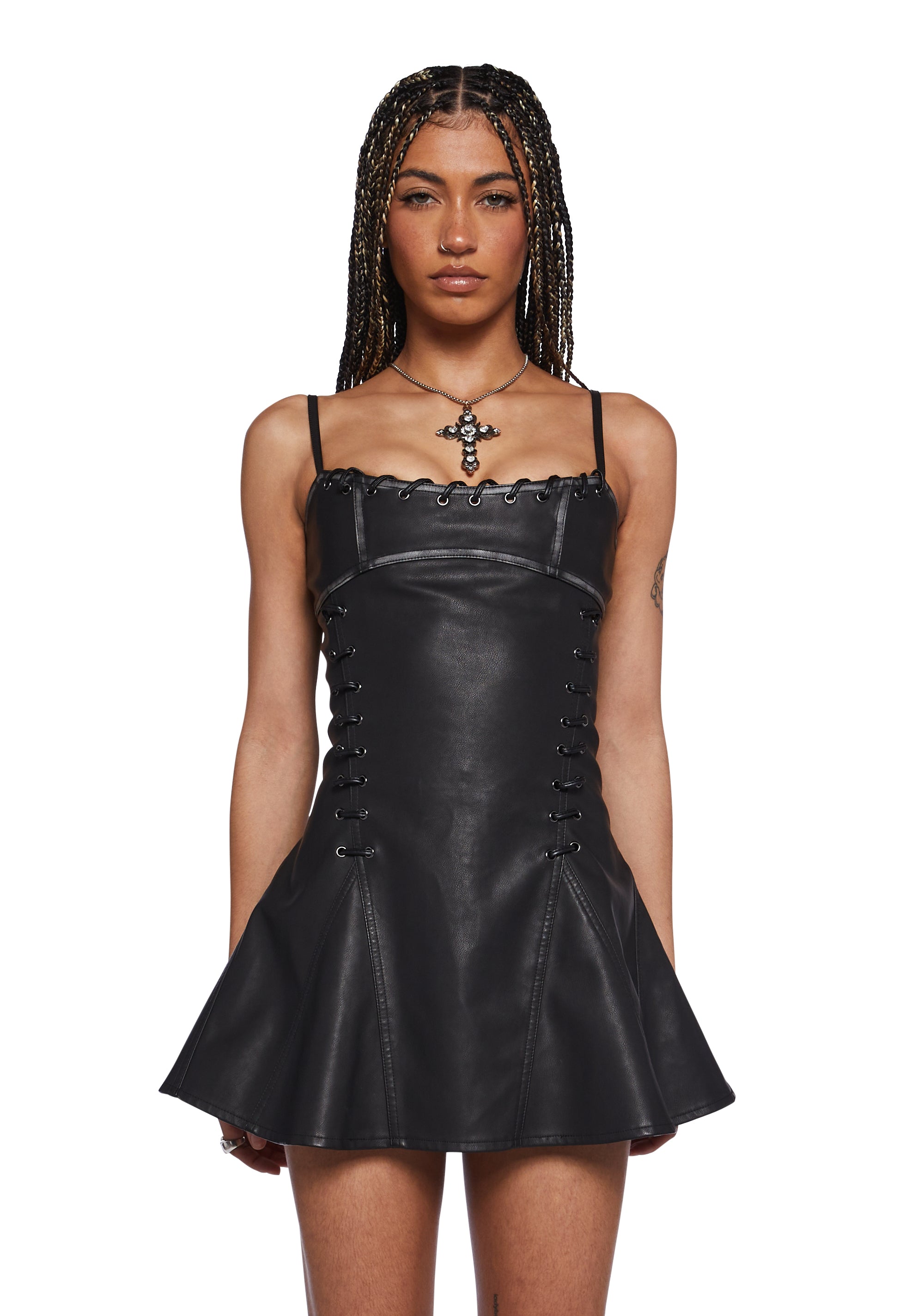 Generation Kiss Vegan Leather Grommet Mini Dress - Black Dolls Kill Generation Kiss Vegan Leather Grommet Mini Dress - Black Dolls Kill