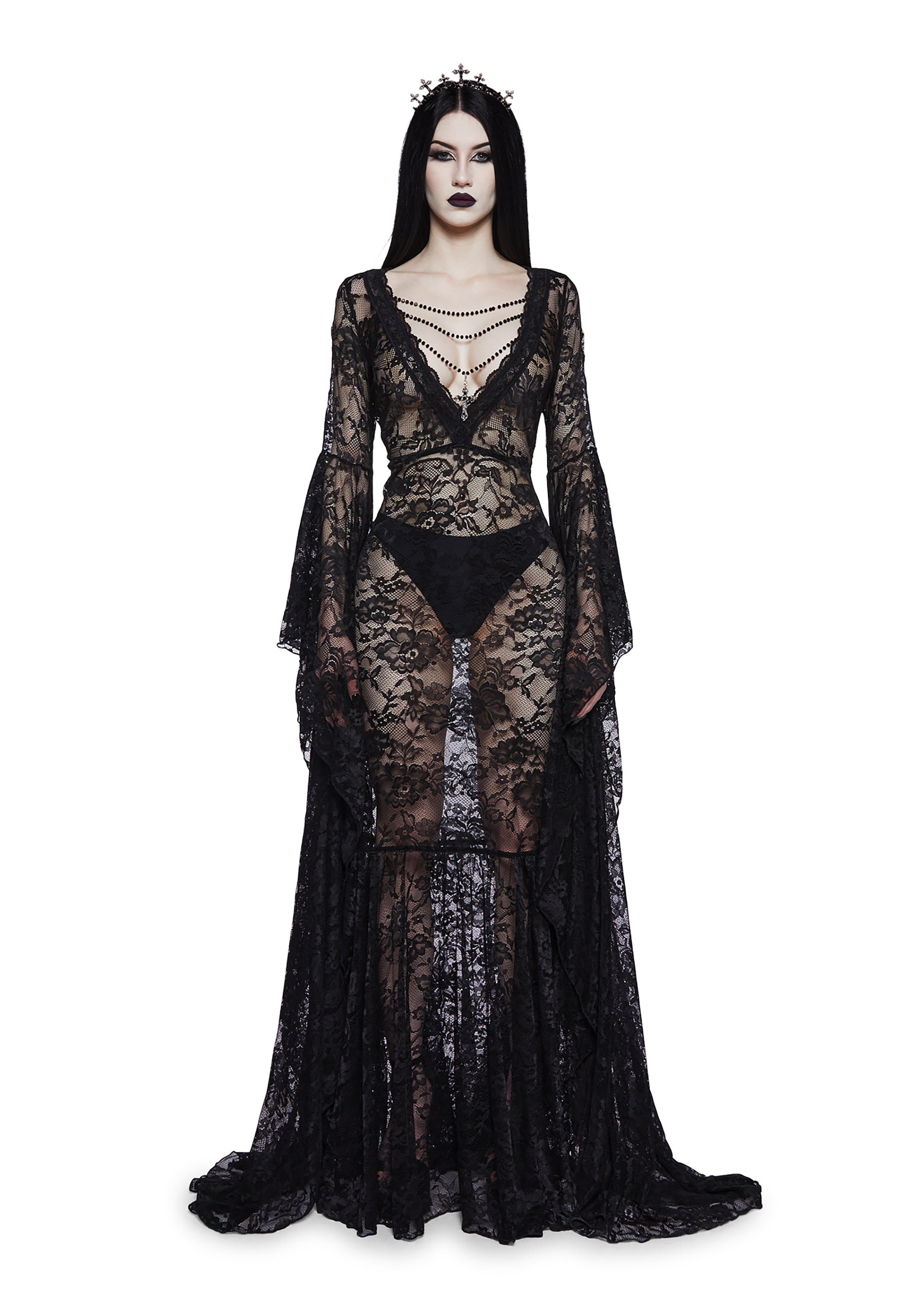 Widow Lace Mega Flare Sleeve Maxi Dress - Black Dolls Kill Widow Lace Mega Flare Sleeve Maxi Dress - Black Dolls Kill