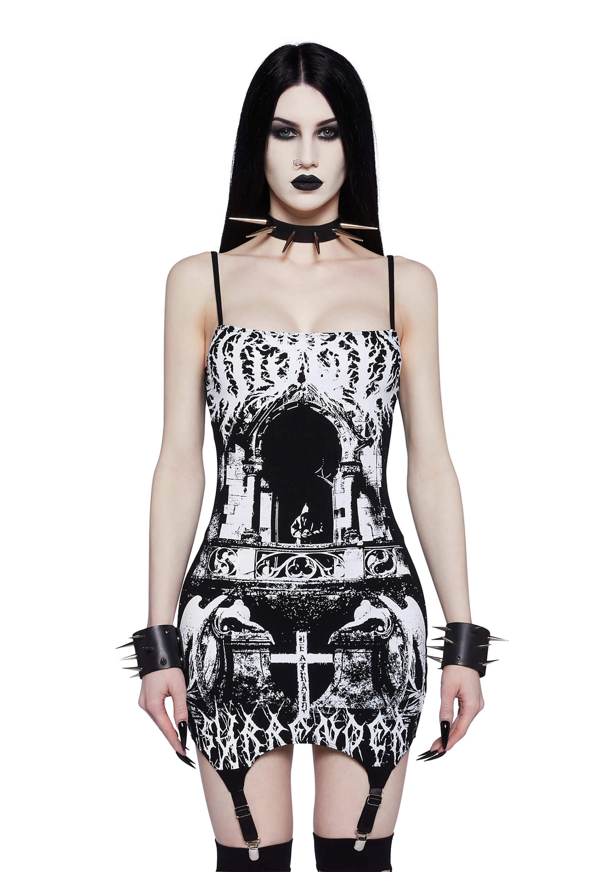 Widow Metal Goth Graphic Bodycon Mini Dress - Black/White Dolls Kill Widow Metal Goth Graphic Bodycon Mini Dress - Black/White Dolls Kill