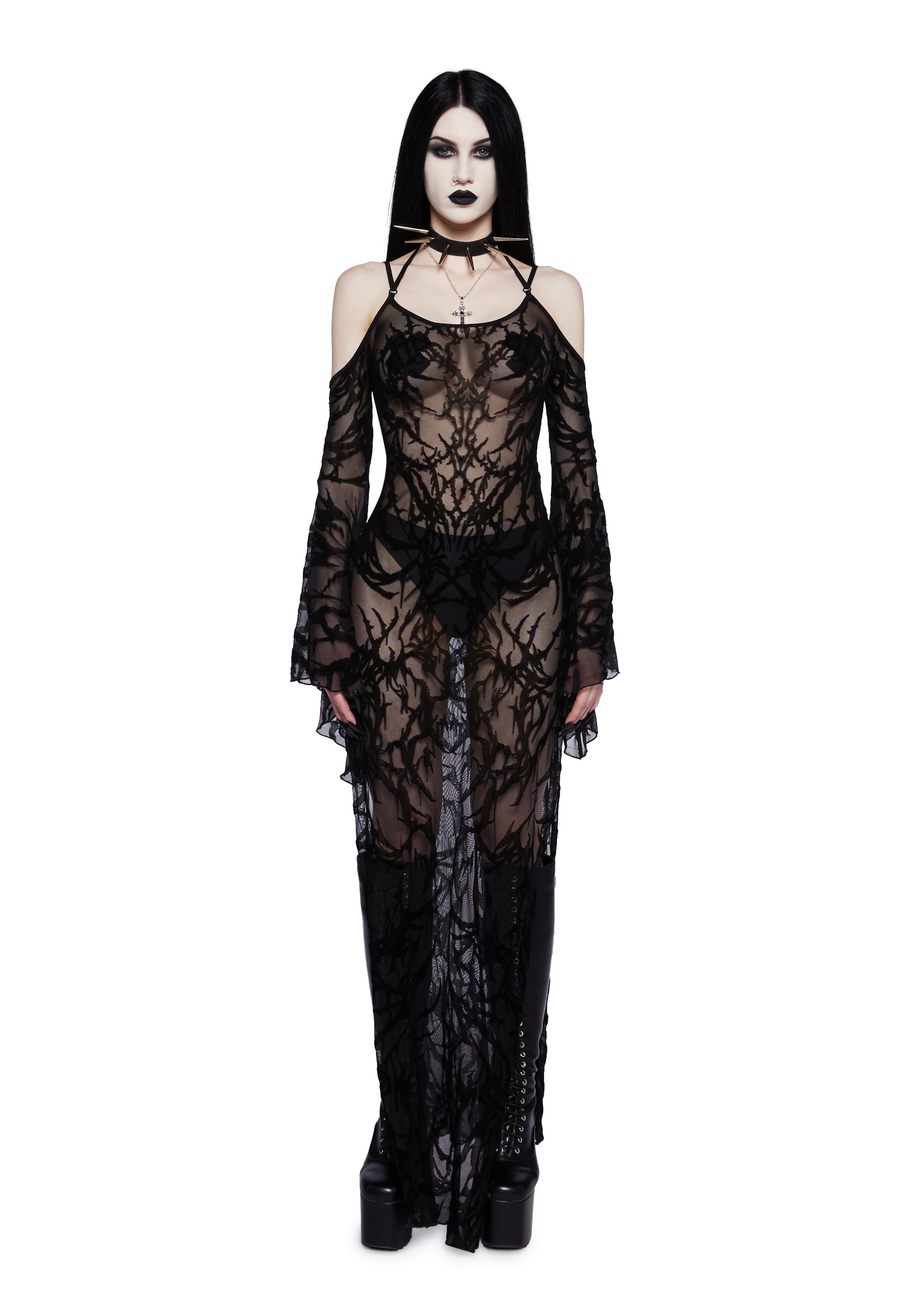 flocked mesh maxi dress Widow Goth Mesh Flocked Off The Shoulder Maxi Dress