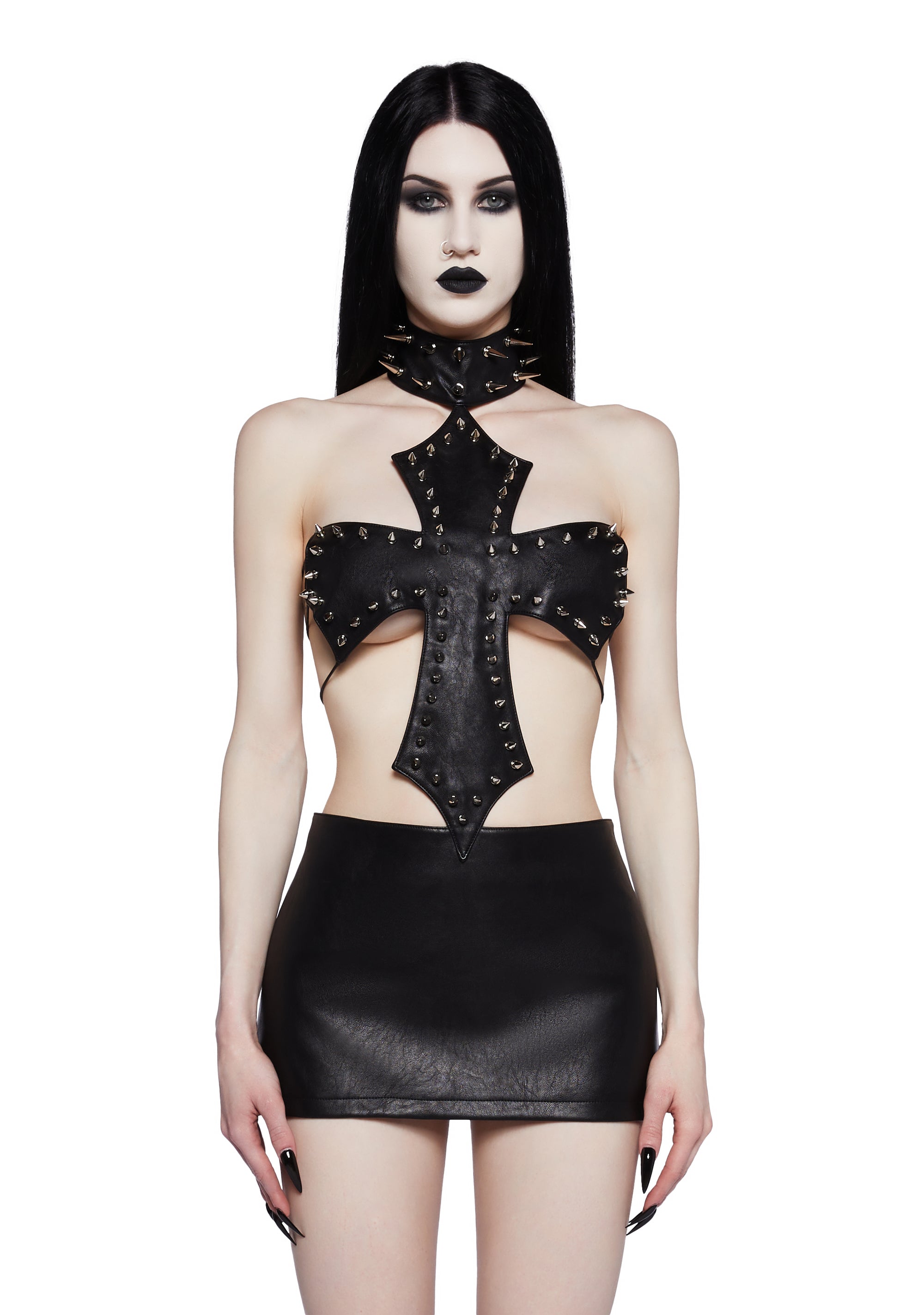 Widow Cross Shaped Top And Mini Skirt Dress With Spikes Metal
