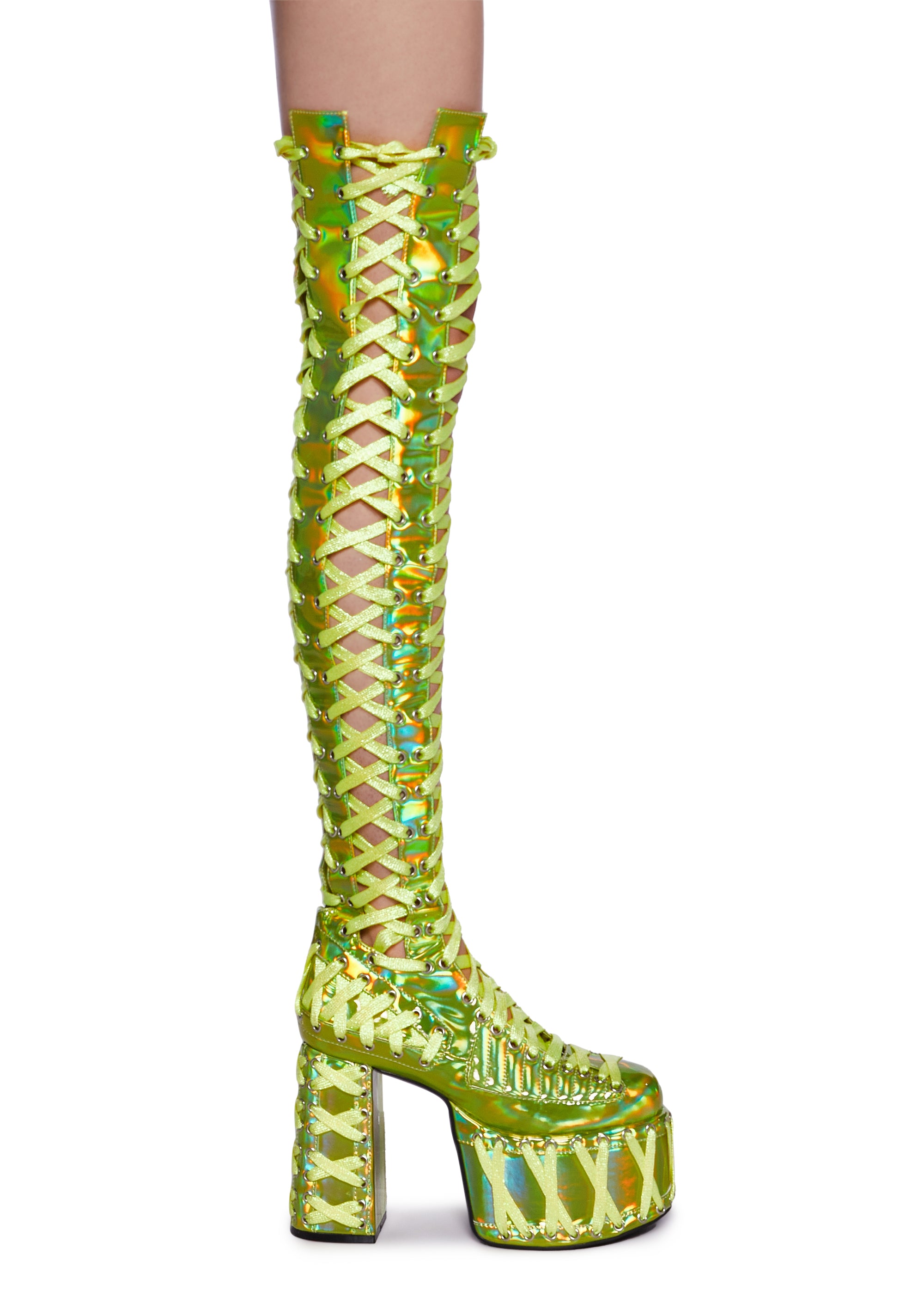 Club Exx Holographic Thigh High Lace Up Platform Boots