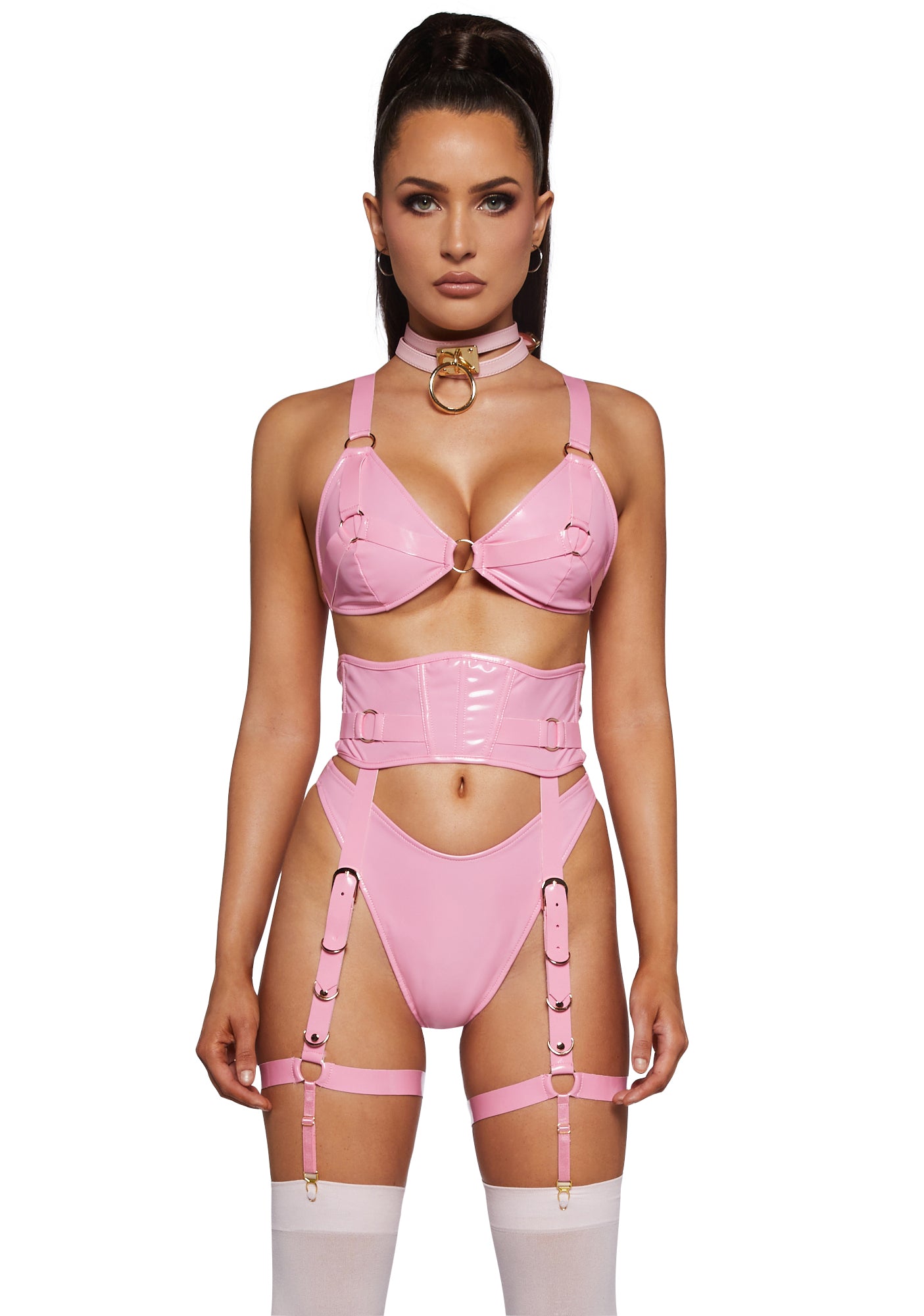 Forplay Vinyl Bra Panty Waist Cincher Garter Belt Valentines Day Sexy Set - Pink