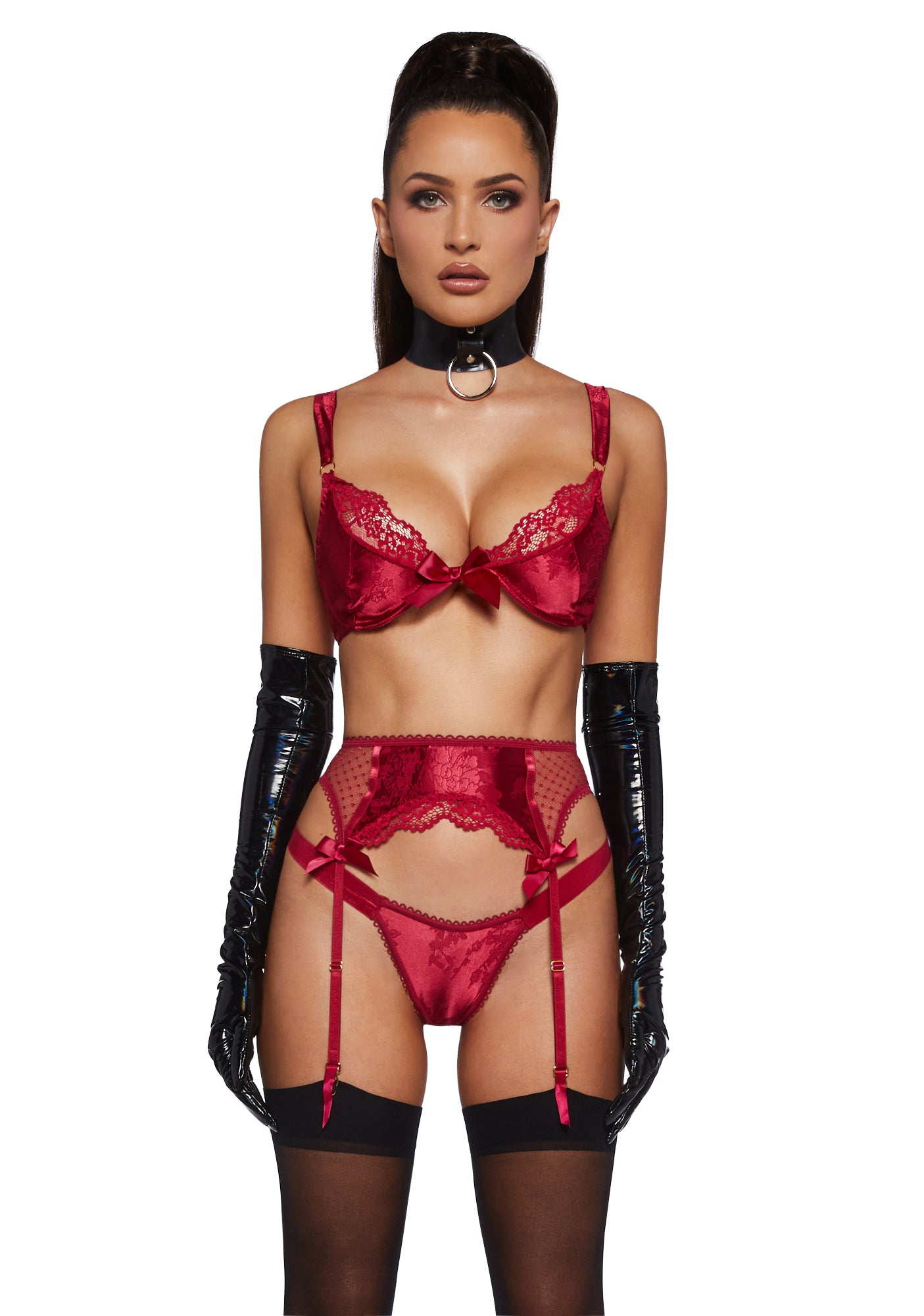 Satin Bra And Thong Set With Garter Belt - Red – Dolls Kill