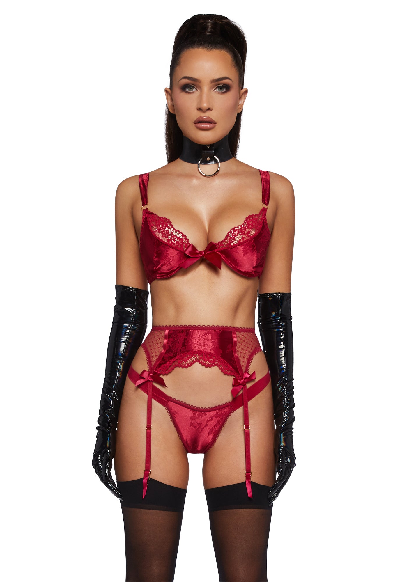 Satin Bra And Thong Set With Garter Belt