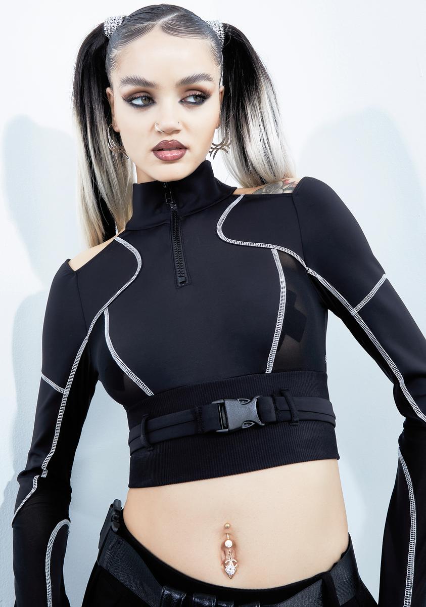 Poster Grl Sporty Mesh Panel Bodysuit - Reflective Black – Dolls Kill