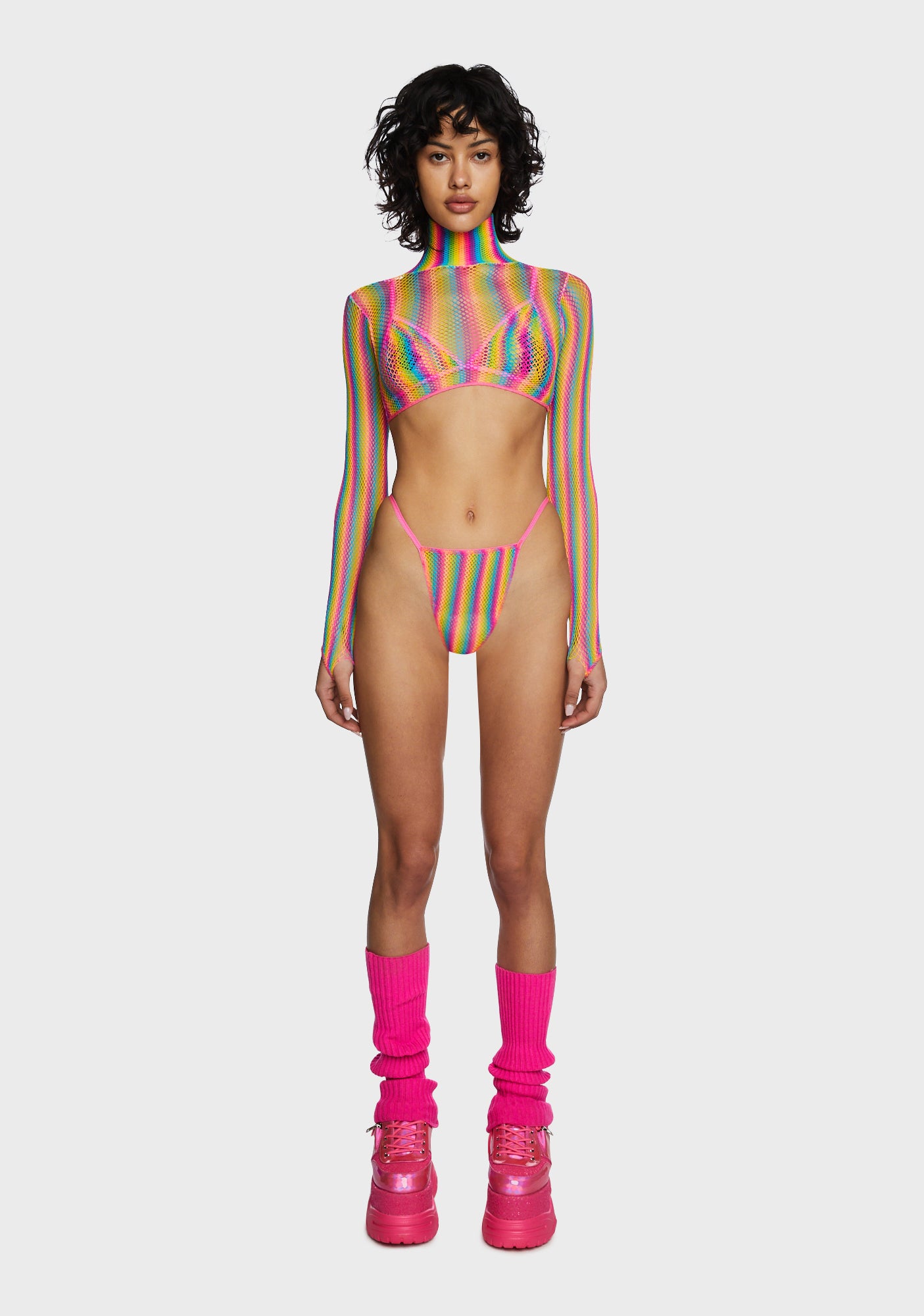 Schminke UV Neon Fishnet Set Crop Vest Pole Skirt Pole-wear